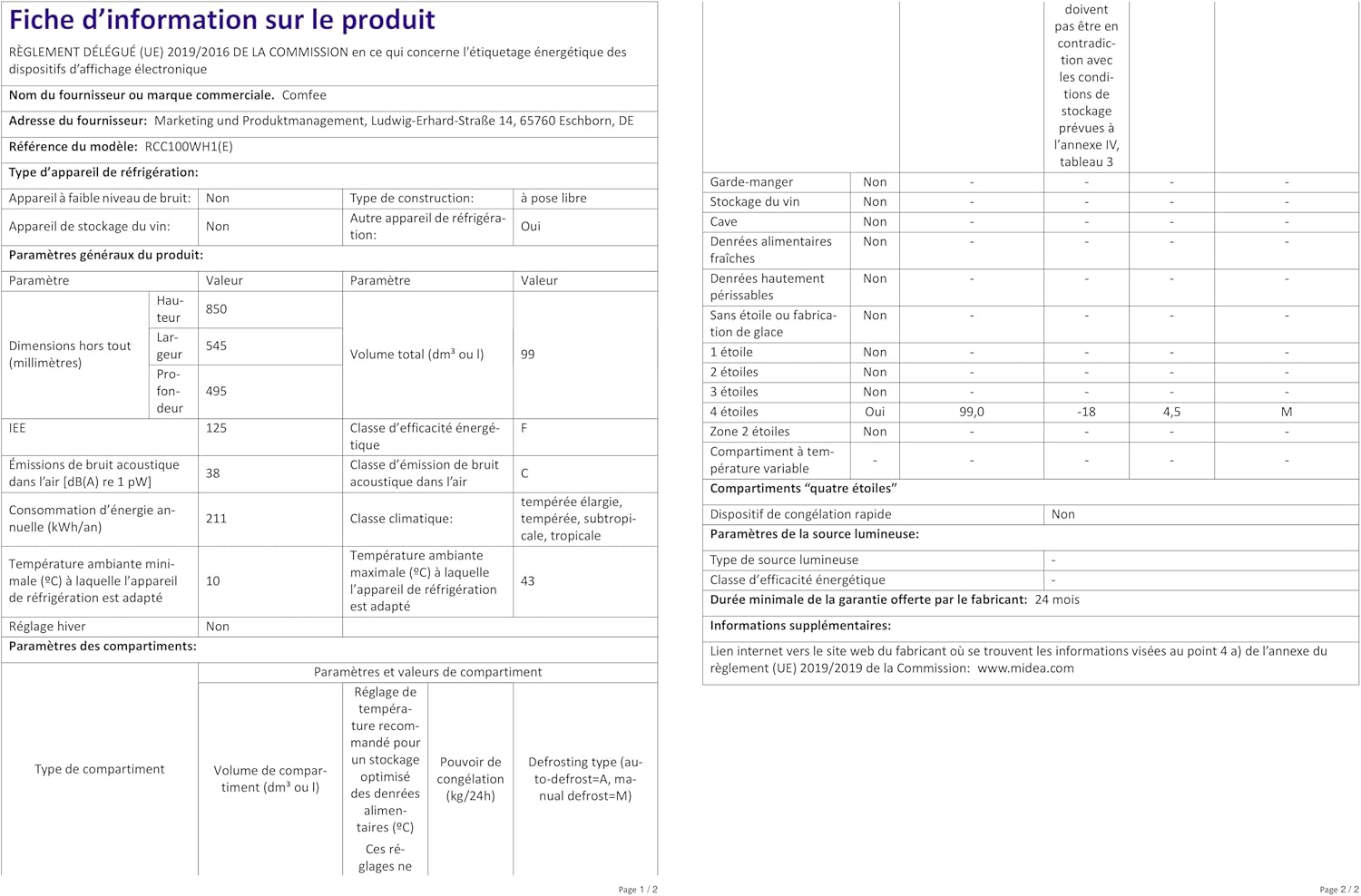 Comfee RCC100WH2(E) Gefriertruhe/169 kWh/Jahr/85cm hoch/99L/38dB/Geringe Lautstärke/Hoch effizientesD-förmigesRohr/Geeignet für verschiedene Einsatzszenarien/Einstellbarer Temperaturregler/Weiß