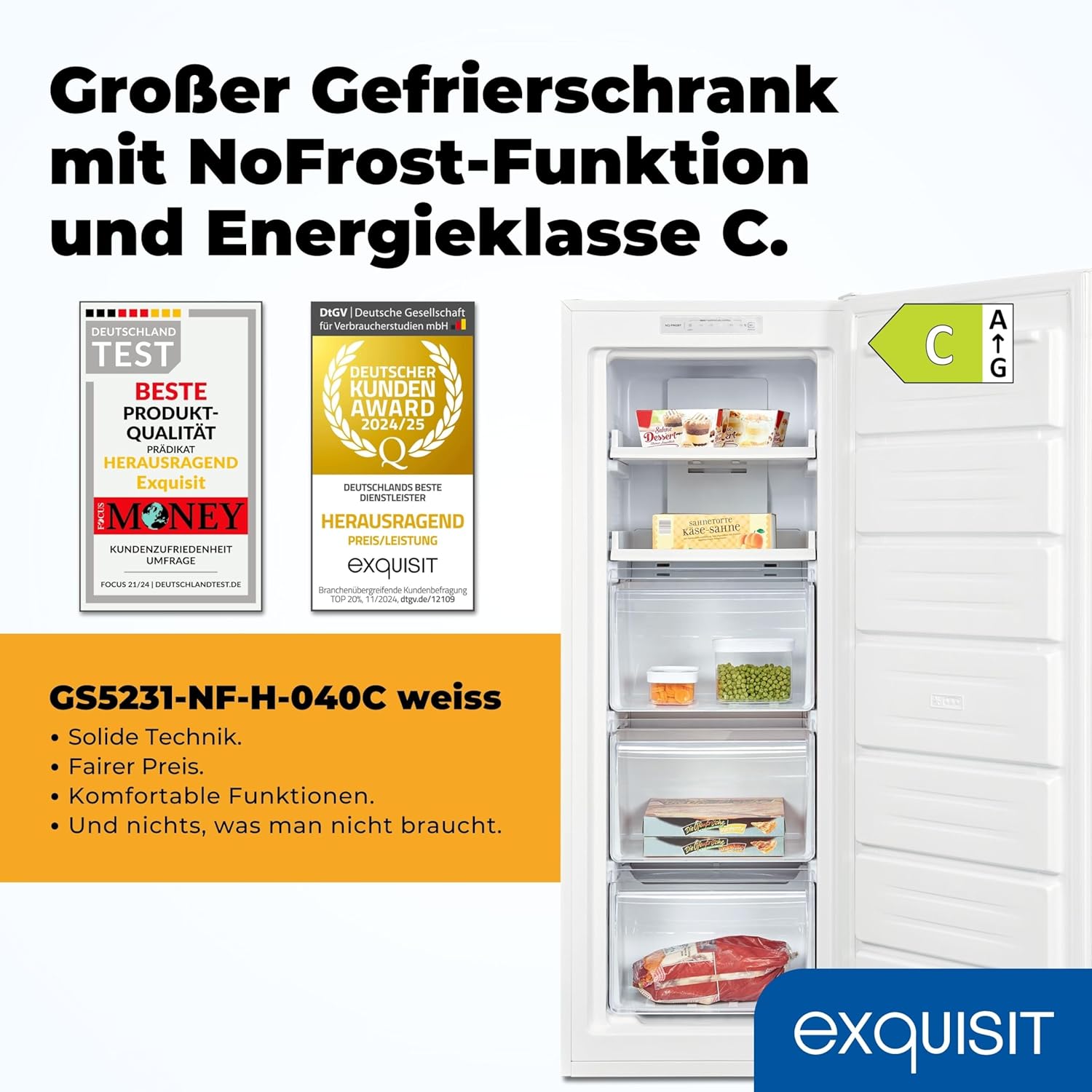 Exquisit Gefrierschrank NoFrost, Tiefkühlschrank groß, 161 Liter, Schnellgefrieren, Alarm-Funktion, GS5231-NF-H-040C weiss
