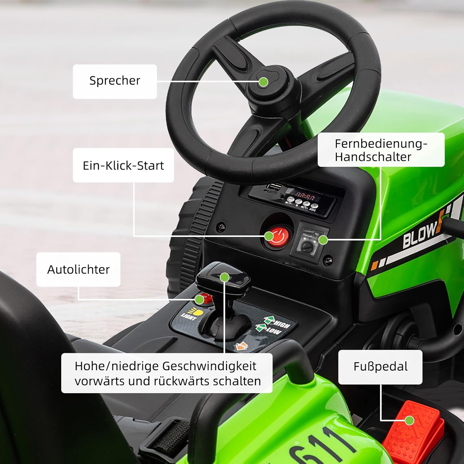 HAUSPROFI 12V 3-Gang Kinder Elektroauto mit Anhänger, Elektro Traktor 2 Fahrmodi, 2,4G-Fernbedienung, Kinder Traktor LED-Licht, Bluetooth, Musik, USB, Elektrischer Traktor für kinder ab 3 Jahren, Grün