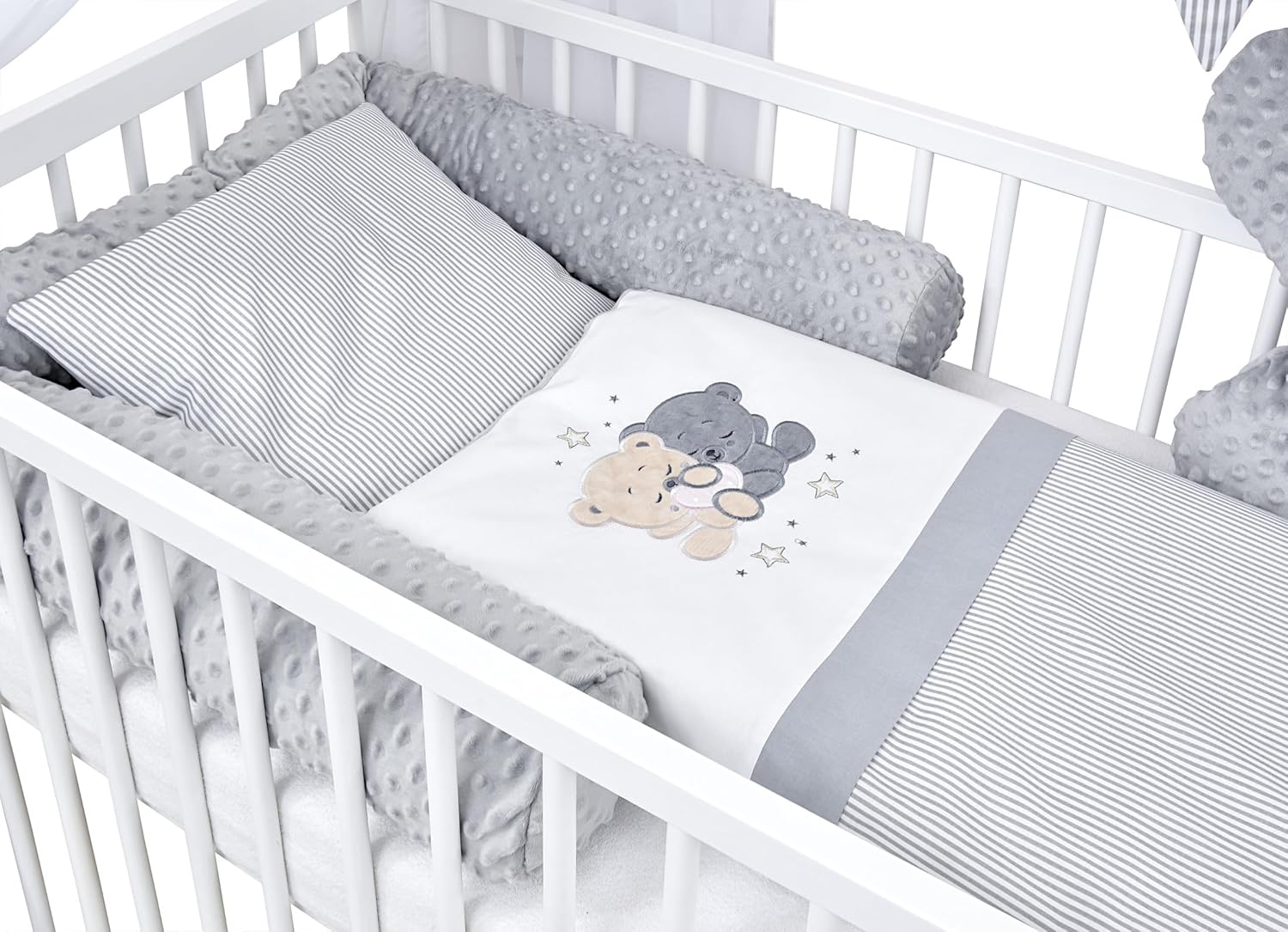 Baby Delux Babybett Komplett Set Hausbett 60x120 cm weiß Schublade Rausfallschutz Kinderbett Matratze Bettwäsche Deko Set (Prince Stars)