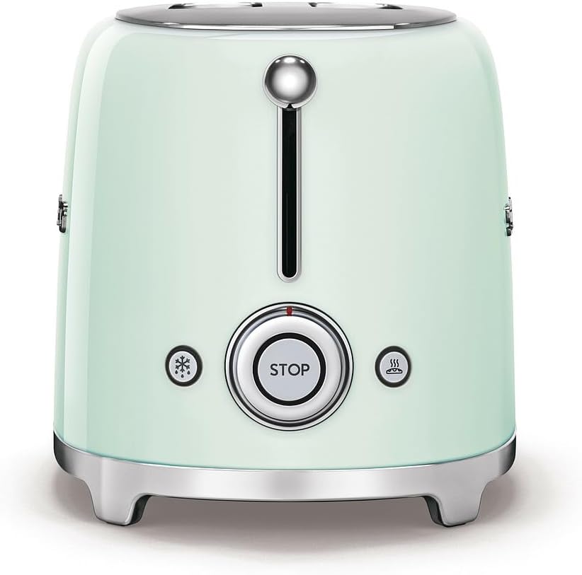 Smeg, 2x2 TSF01PGEU -Toaster, 2 Schlitze für 2 Scheiben, 6 Vergoldungsniveaus, Heizfunktion, Abtau- und Bagel- Funktion, Sammelschublade, 950W, Pastellgrün
