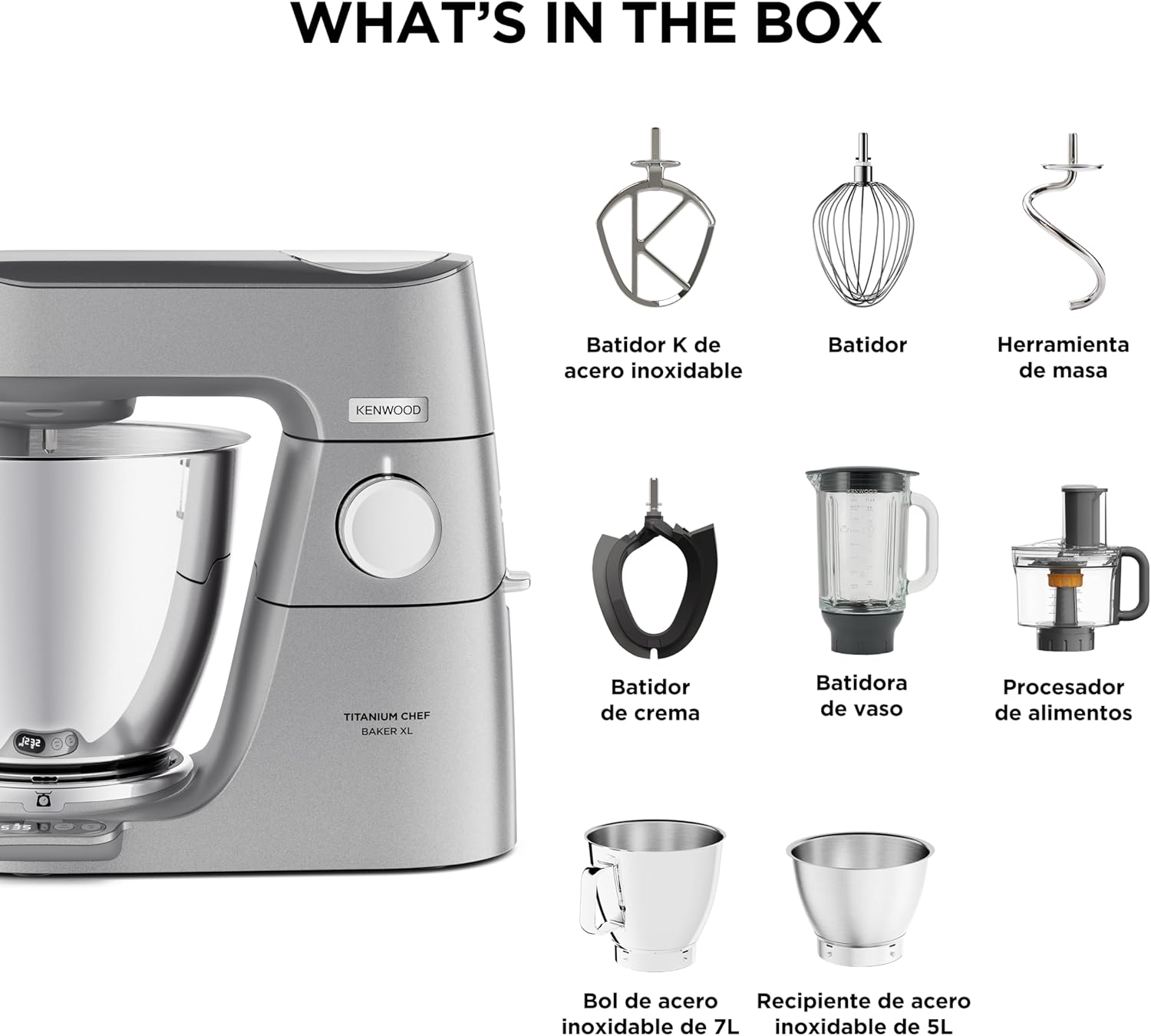 Kenwood Titanium Chef Baker KVL85.424SI Küchenmaschine mit integrierter Waage, inkl. 4-teiligem Patisserie-Set, 7 L und 5L Rührschüssel, stufenloser Geschwindigkeitsregler, 1200 W, Silber