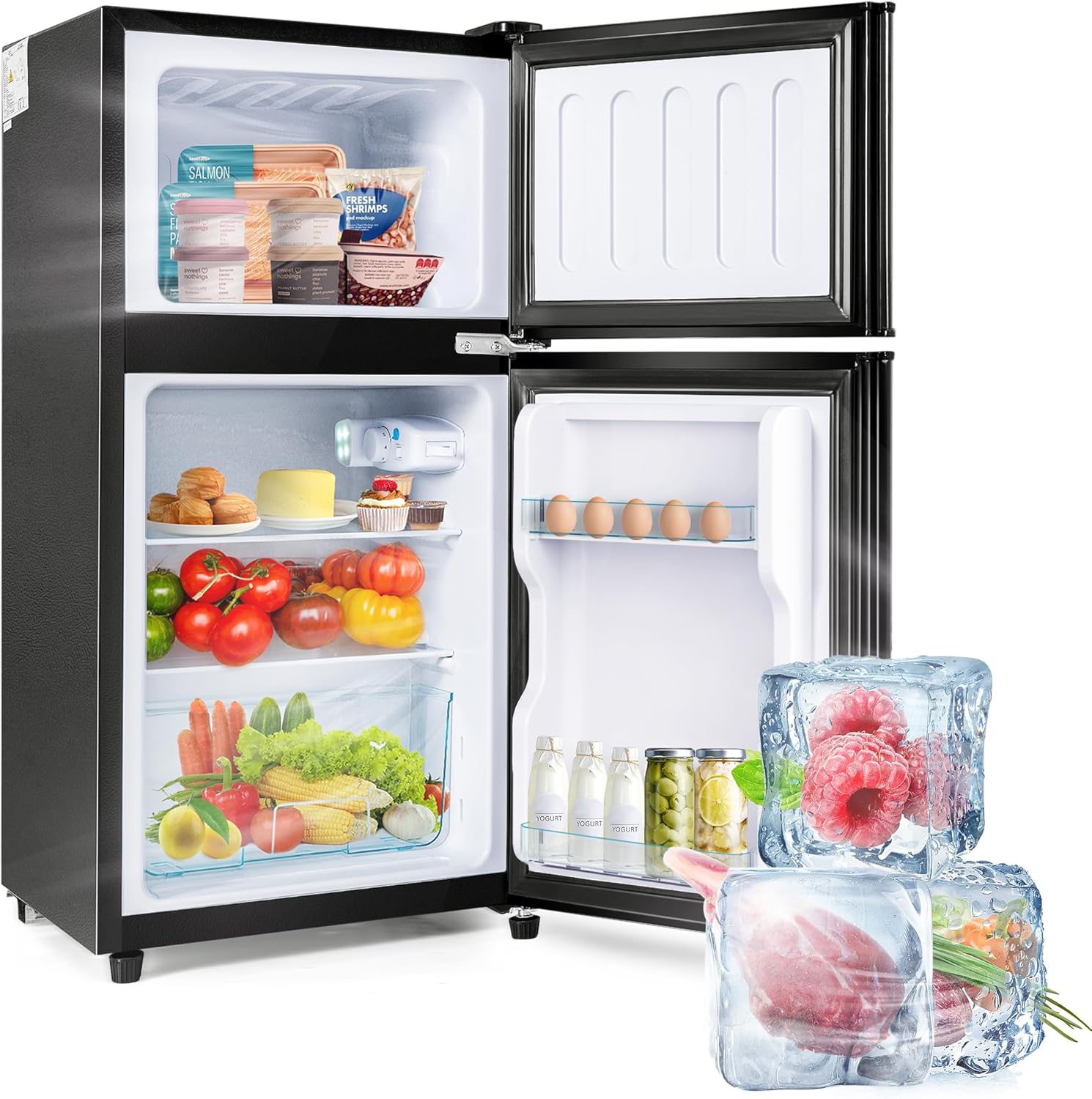 Merax Kühlschrank mit Gefrierfach, Kühl-Gefrierkombination, klein Kühlschrank mit 51L und Gefrierschrank 21L, Leise, LED, Glasablagen, Gemüsefach, Türablagen, für Küche, Wohnzimmer, Büro, Schwarz
