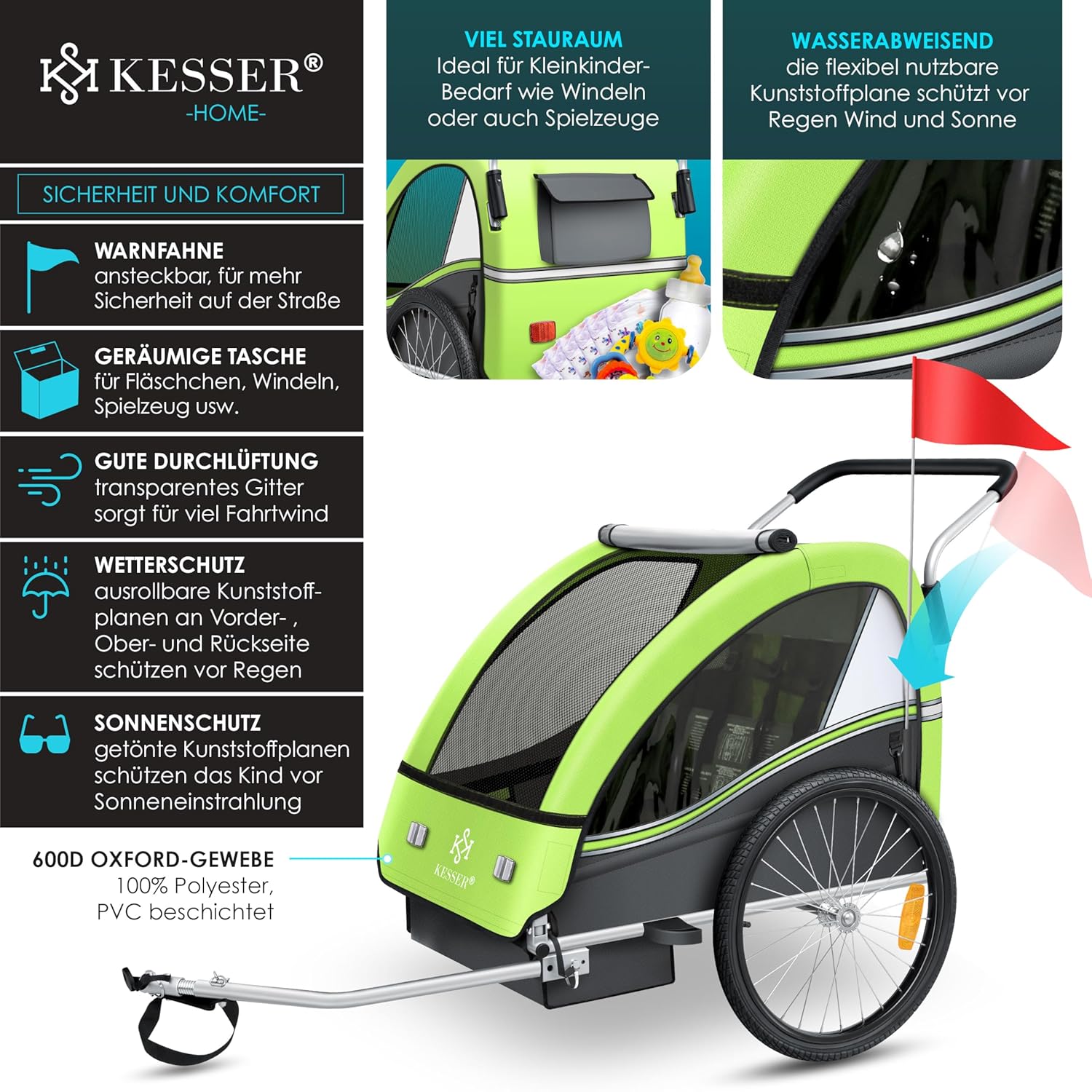 KESSER Kinderfahrradanhänger Sport-RX 2in1 Jogger & Buggy 5-Punkt-Gurt Sicherheitsgurt 360° Vorderrad Kinderfahrradanhänger Reflektoren für 1-2 Kinder (max. 40 kg) Getränkehalter & Smartphonefach