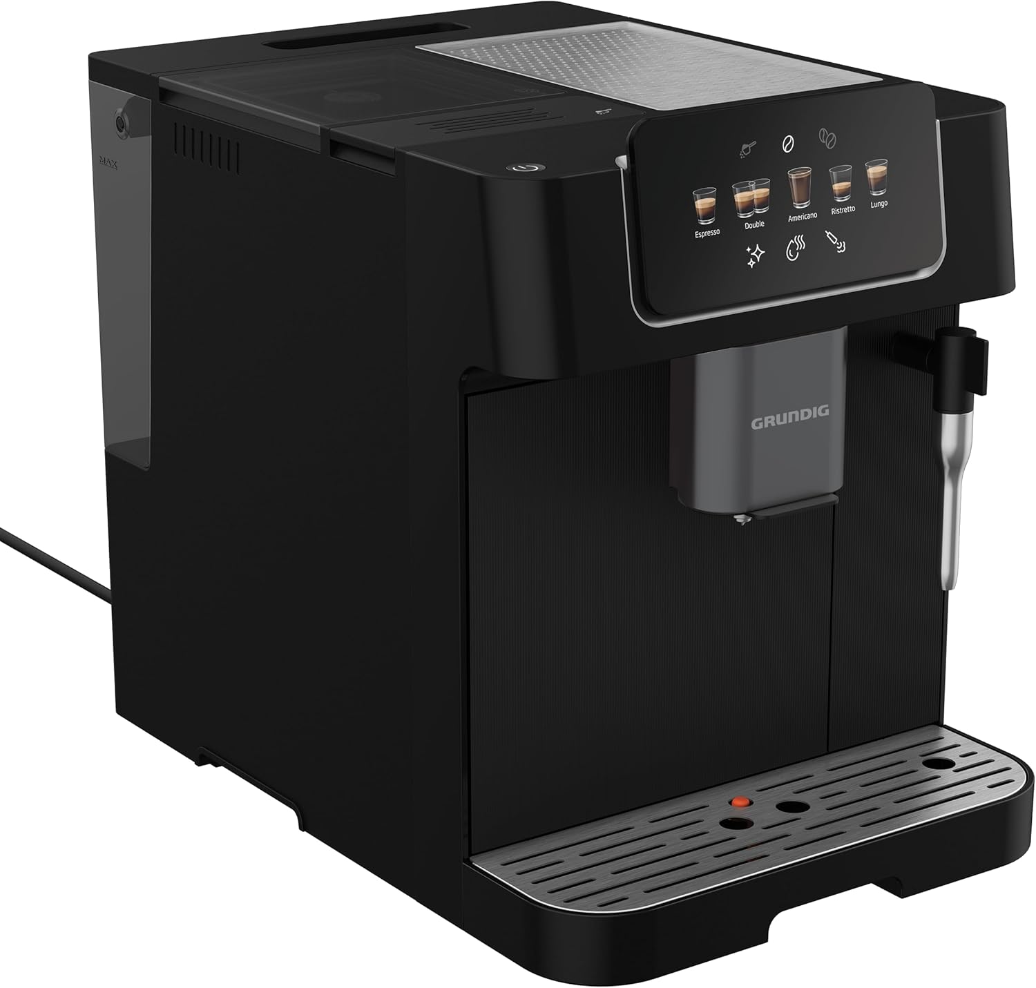 GRUNDIG KVA 7230 Kaffeevollautomat, Kaffeemaschine, 10 Kaffeespezialitäten, 13 Mahlgrade, Milchbehälter, leistungsstark 1350 W, 19 Bar Pumpendruck, Zweifachdüse, Beleuchtung, Schwarz/Dunkelsilber