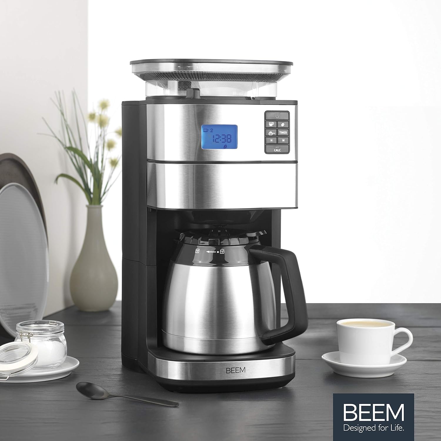 BEEM FRESH-AROMA-PERFECT II Filterkaffeemaschine mit Mahlwerk - Thermo | Edelstahl | Thermokanne | 24h-Timer | 1000 W | 180 g Bohnenbehälter