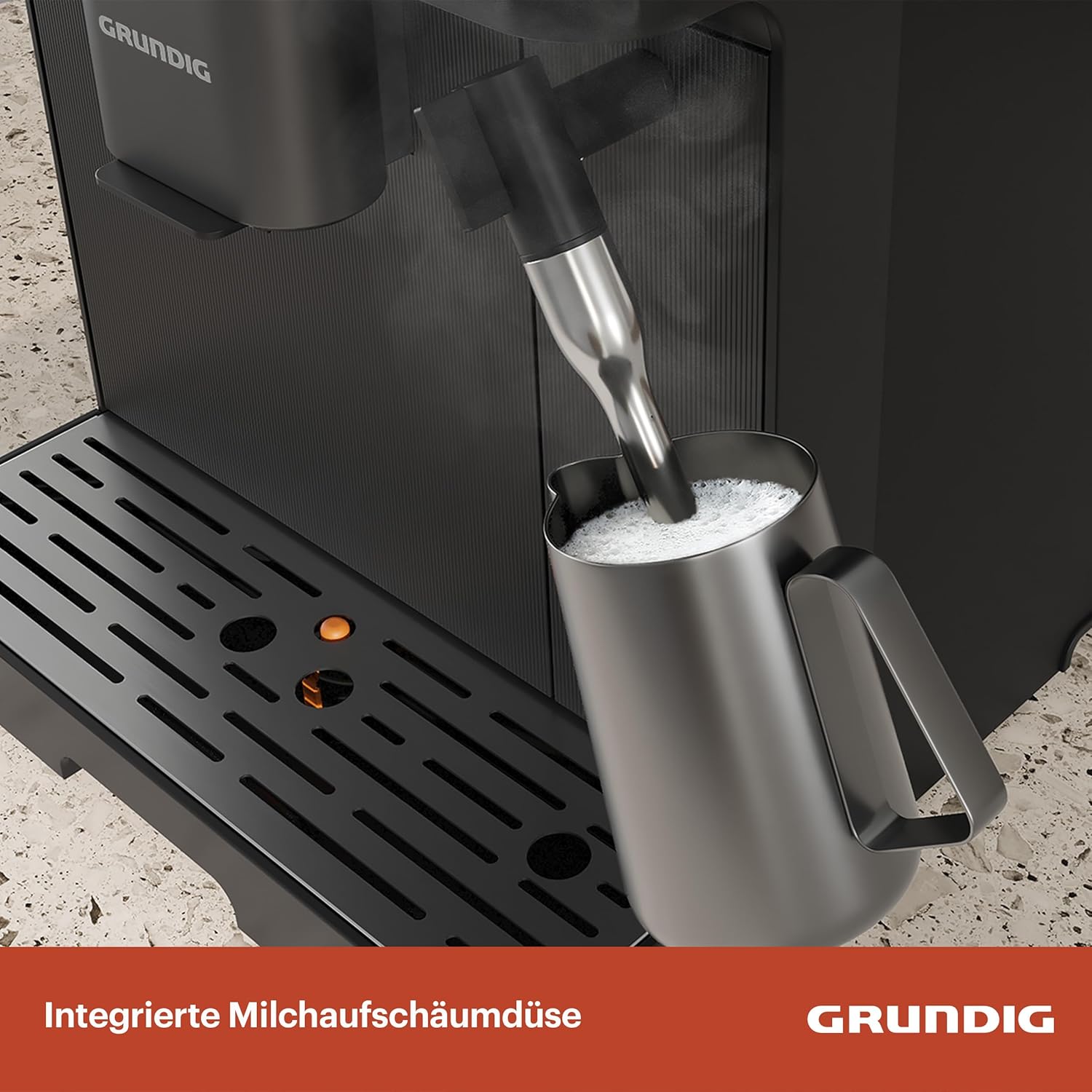 GRUNDIG KVA 7230 Kaffeevollautomat, Kaffeemaschine, 10 Kaffeespezialitäten, 13 Mahlgrade, Milchbehälter, leistungsstark 1350 W, 19 Bar Pumpendruck, Zweifachdüse, Beleuchtung, Schwarz/Dunkelsilber