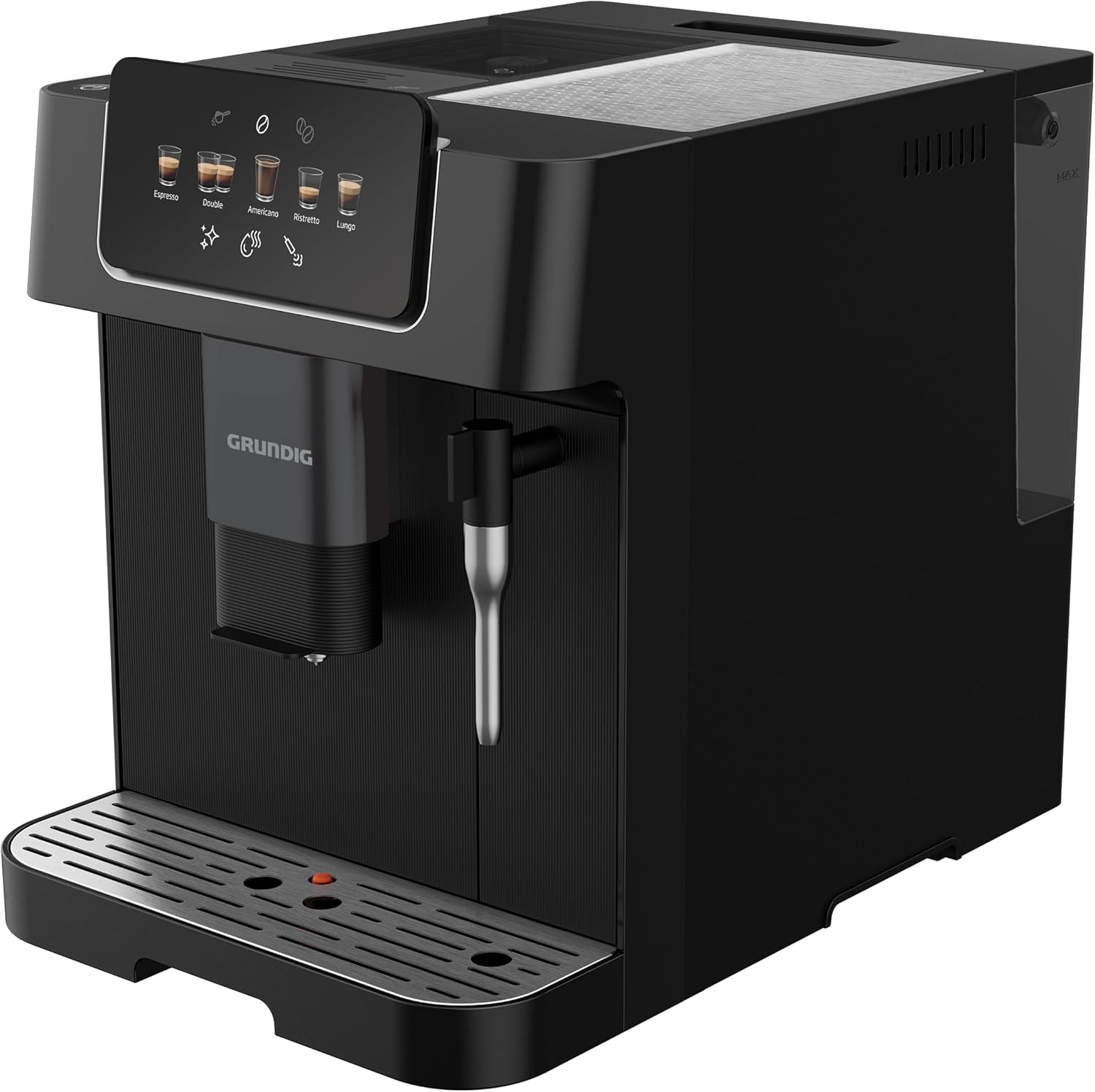 GRUNDIG KVA 7230 Kaffeevollautomat, Kaffeemaschine, 10 Kaffeespezialitäten, 13 Mahlgrade, Milchbehälter, leistungsstark 1350 W, 19 Bar Pumpendruck, Zweifachdüse, Beleuchtung, Schwarz/Dunkelsilber
