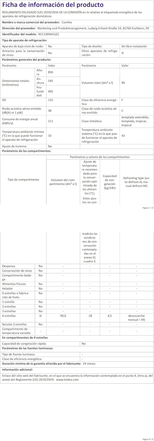 Comfee RCC100WH2(E) Gefriertruhe/169 kWh/Jahr/85cm hoch/99L/38dB/Geringe Lautstärke/Hoch effizientesD-förmigesRohr/Geeignet für verschiedene Einsatzszenarien/Einstellbarer Temperaturregler/Weiß