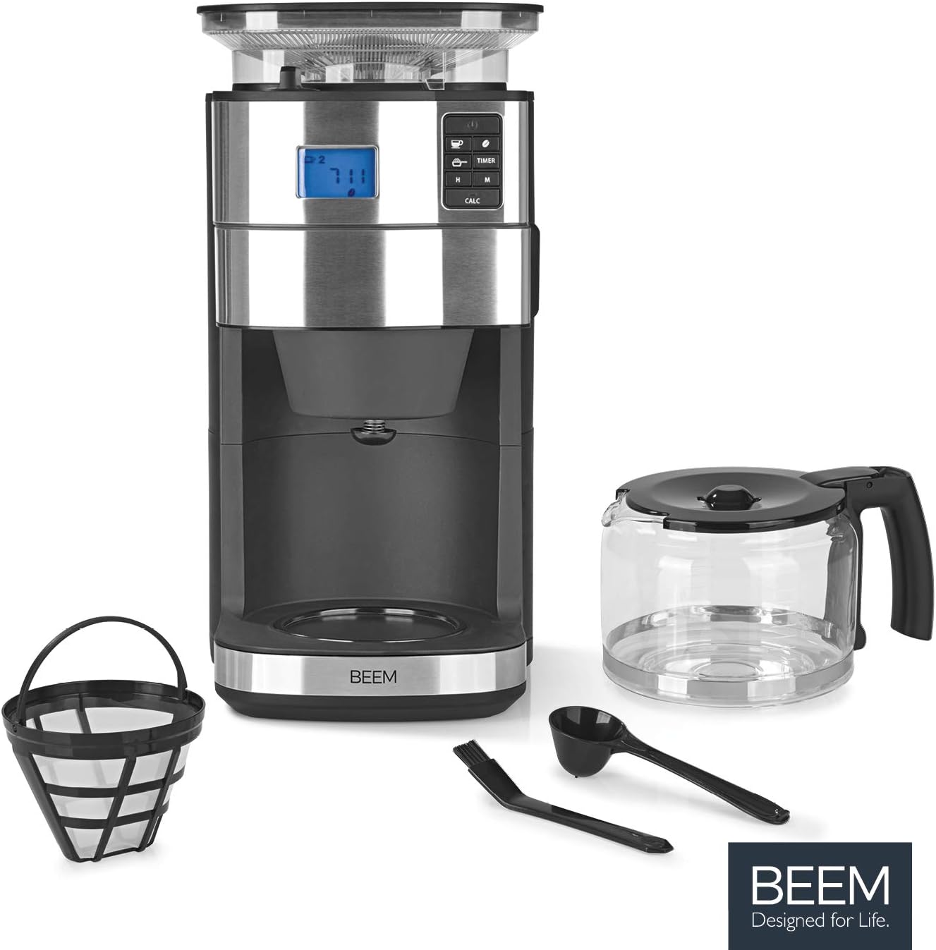 BEEM FRESH-AROMA-PERFECT II Filterkaffeemaschine mit Mahlwerk - Thermo | Edelstahl | Thermokanne | 24h-Timer | 1000 W | 180 g Bohnenbehälter