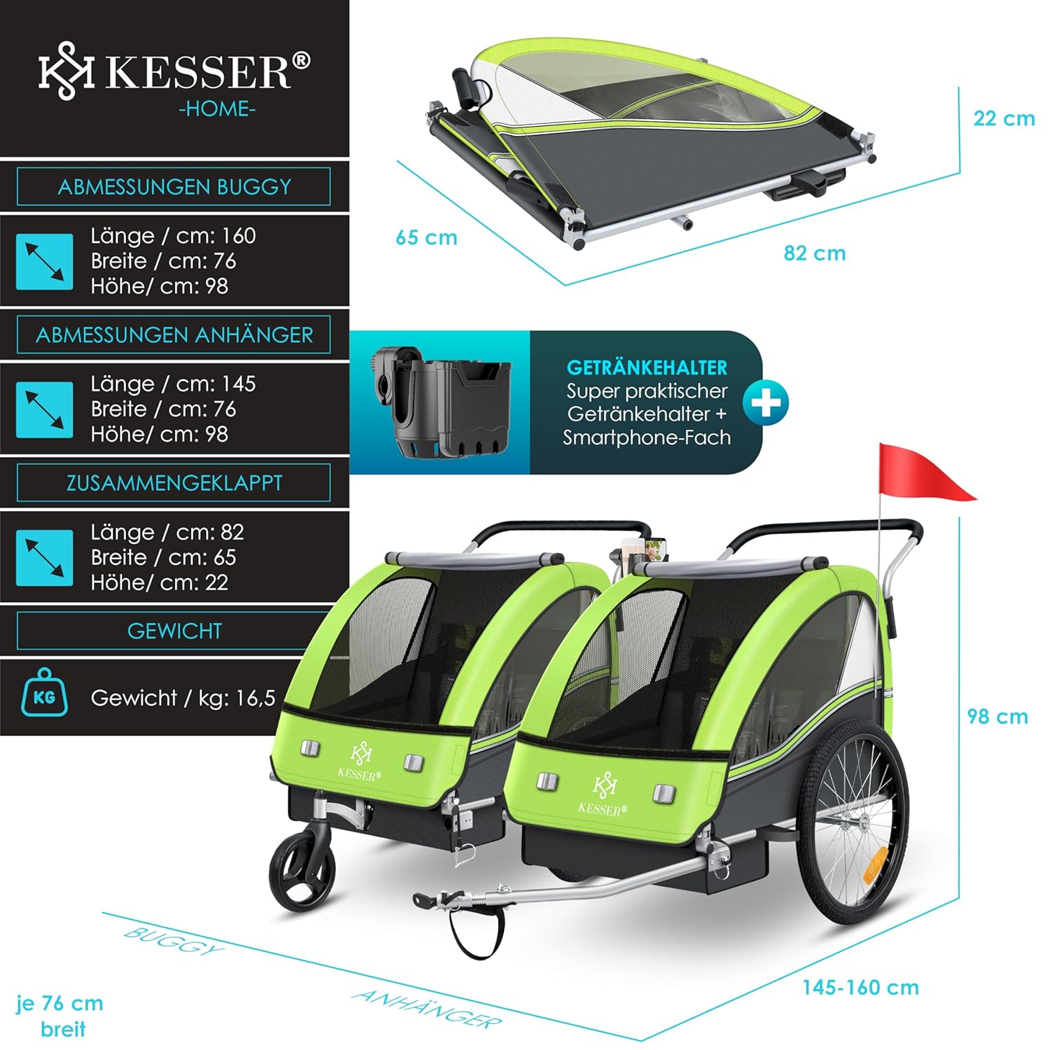KESSER Kinderfahrradanhänger Sport-RX 2in1 Jogger & Buggy 5-Punkt-Gurt Sicherheitsgurt 360° Vorderrad Kinderfahrradanhänger Reflektoren für 1-2 Kinder (max. 40 kg) Getränkehalter & Smartphonefach