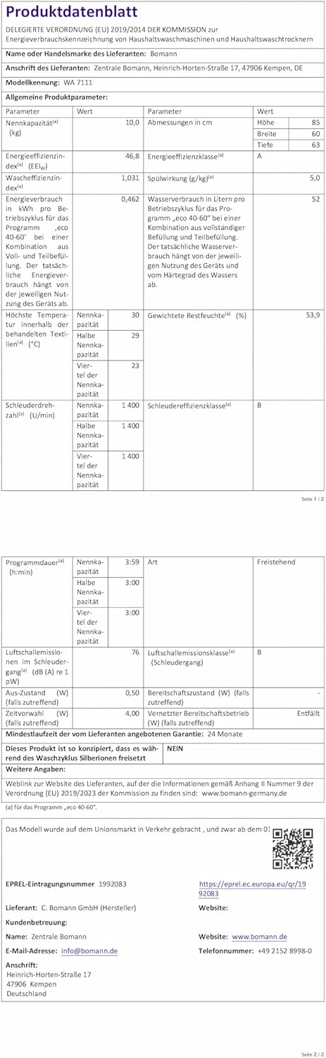 Bomann® Waschmaschine 10kg | max. 1400 U/min | 10 Jahre Motor-Garantie | effizienter, leiser & langlebiger Invertermotor | 15 Programme | Endzeitvorwahl | LED-Display | Washing Machine WA 7110