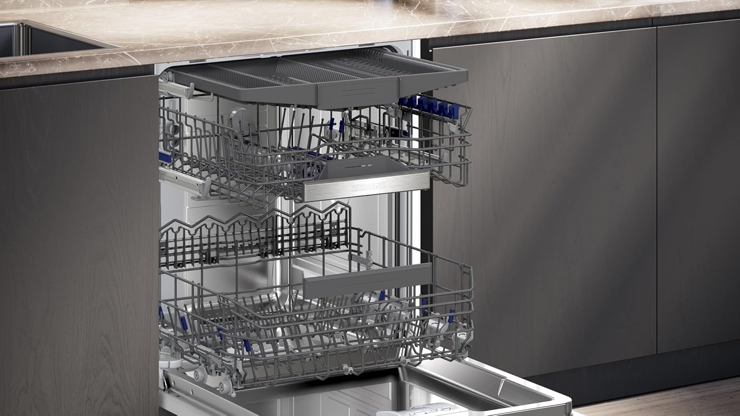 Siemens SN43ES14VE, iQ300 Smarter Geschirrspüler, Unterbau-Spülmaschine mit Besteckschublade, 60 cm, automatische Türöffnung dank autoOpen dry, besonders leise mit iQdrive-Motor, aquaStop, Edelstahl