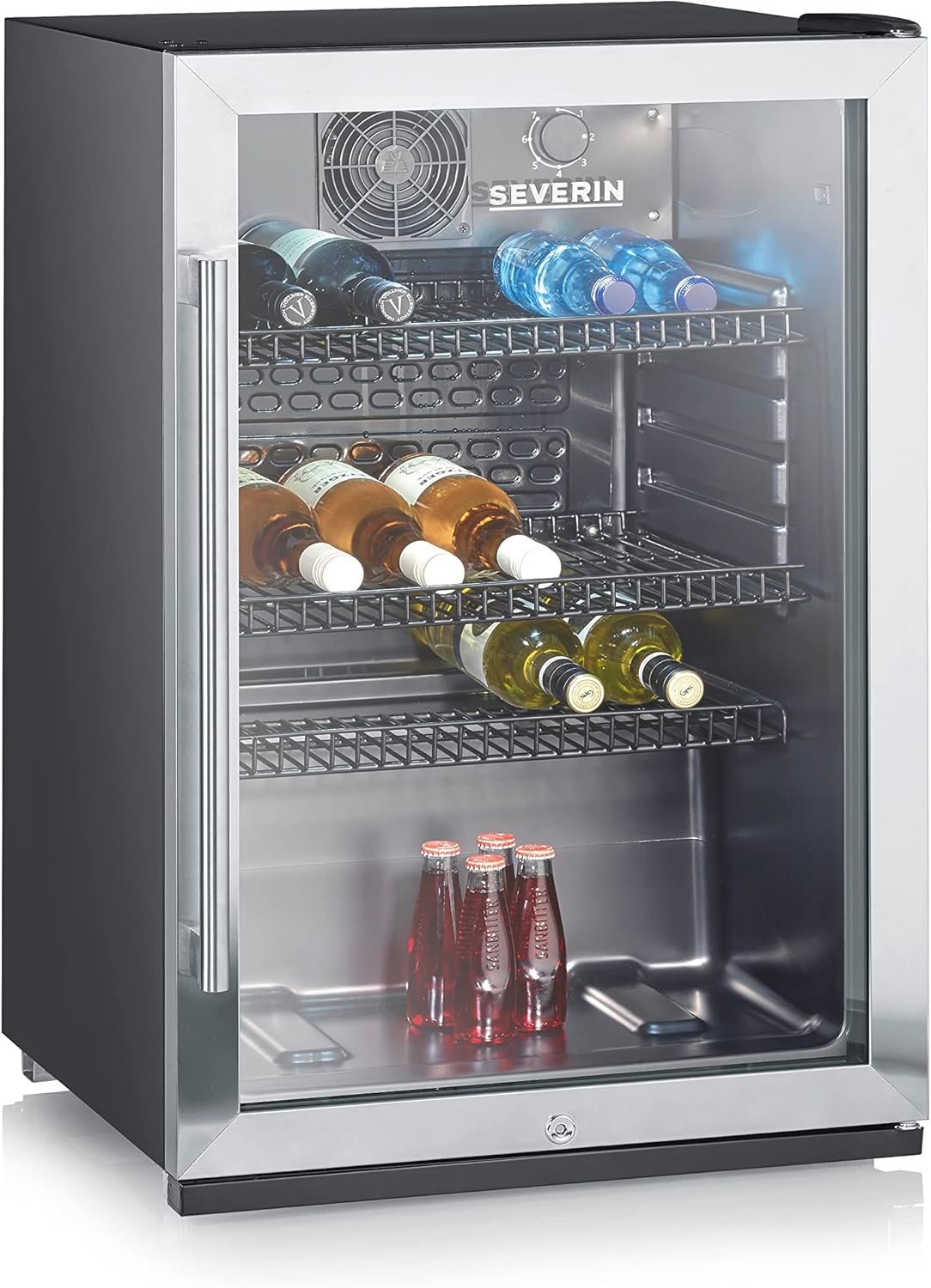 SEVERIN Flaschenkühlschrank, mit integriertem Schloss und integrierter LED-Beleuchtung, 118 L Nutzinhalt, schwarz/silber, FSK 8840