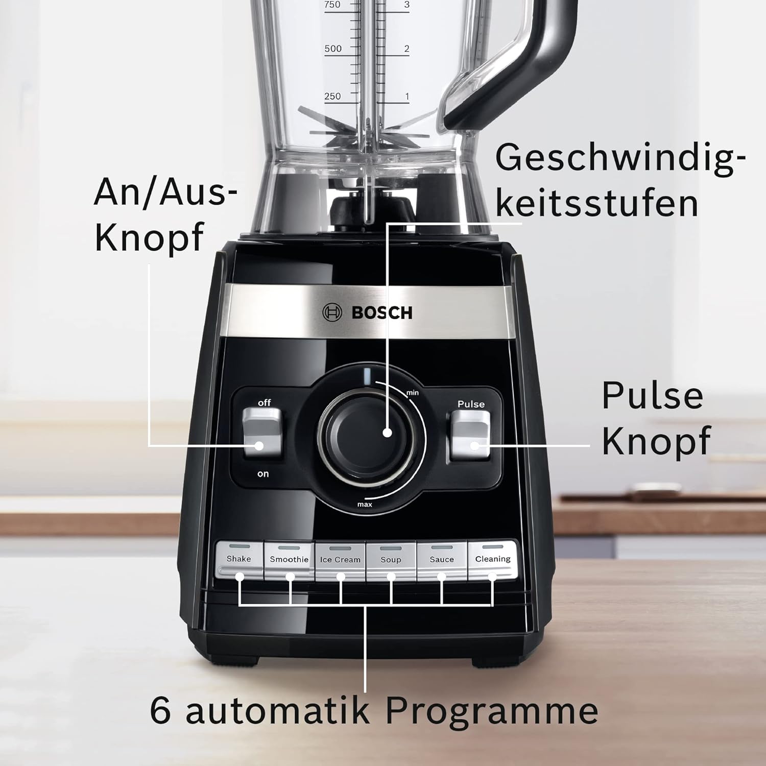 Bosch Standmixer VitaBoost MMBH6P6BDE, 6-Klingen-Edelstahlmesser, 2,5l Tritan-Mixbehlter, Stopfer, 6 Automatikprogramme, Rezeptbuch, BPA-frei, einfache Reinigung, 45,000 U/min, 1600 W, schwarz