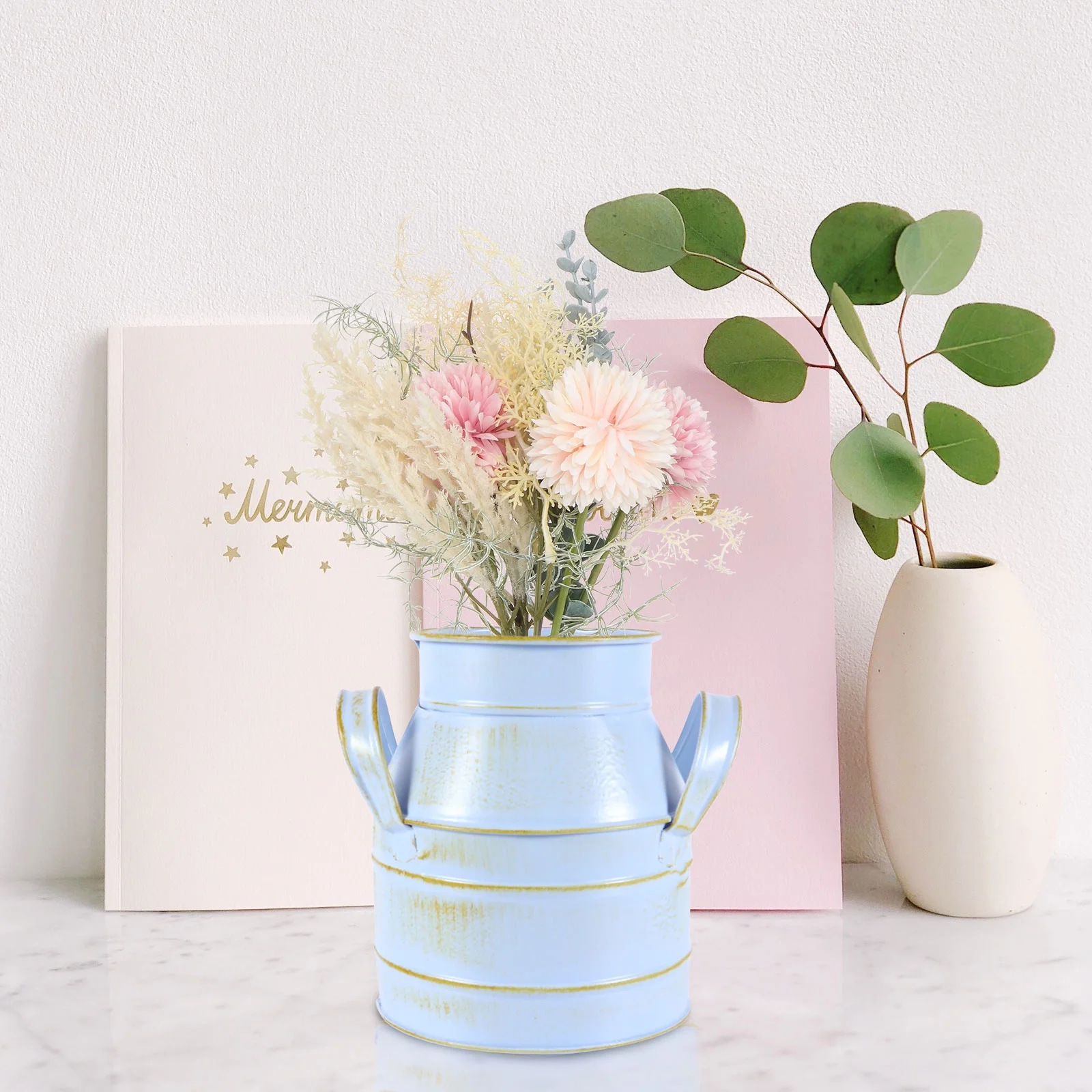 2pcs Vintage Flower Bucket Galvanized Jug Vase Farmhouse Flowers Vase Rustic Flower Bucket Vase Bucket Home Decoration ( Light blue )