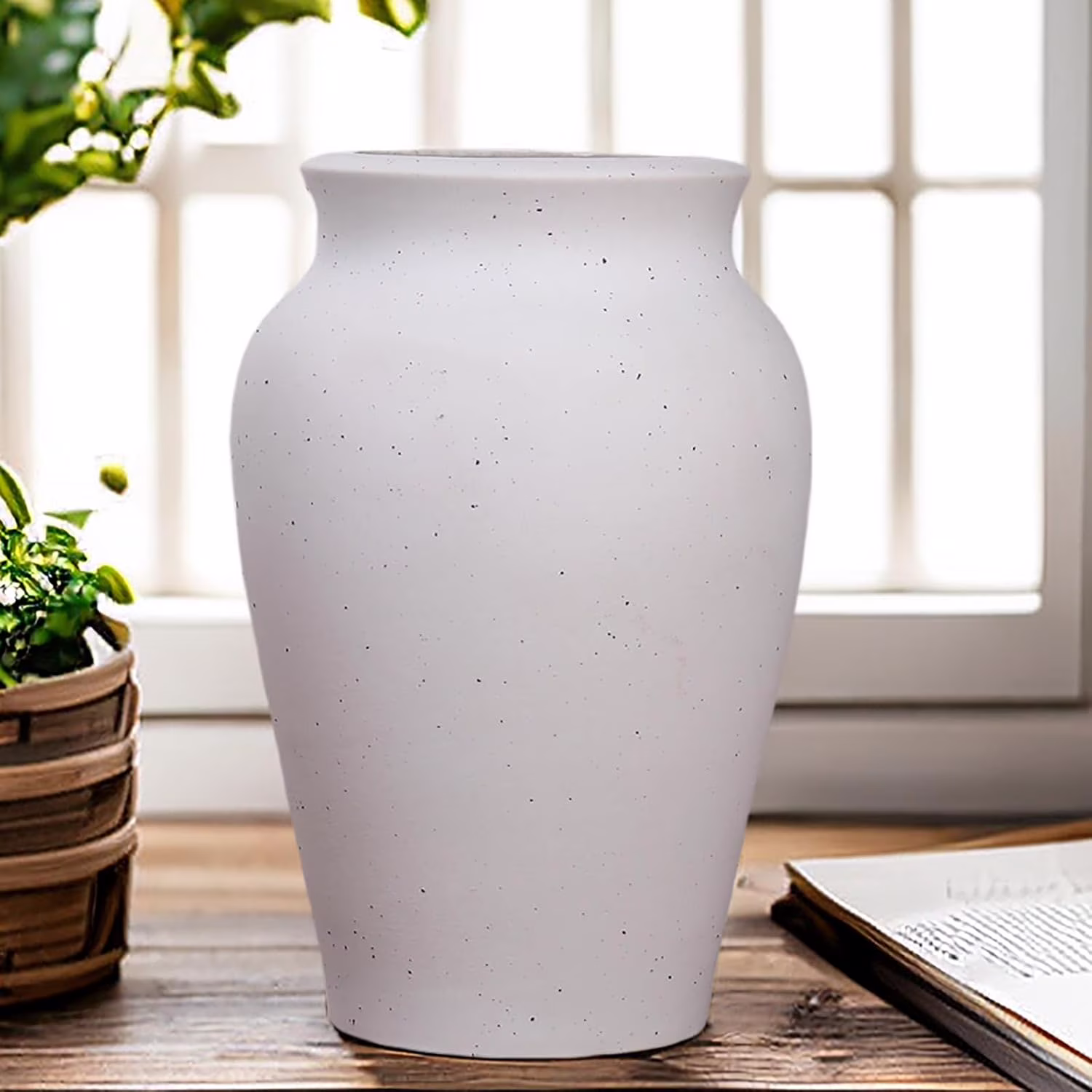 9 Inch Farmhouse White and Washed Terra Cotta Ceramic Vase