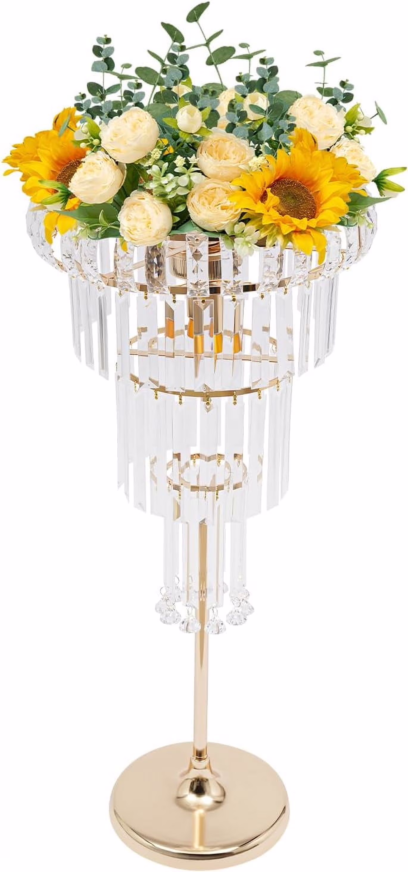 Wedding Gold Vases Centerpieces, Crystal Flower Stand with Hanging Crystals, 4-Tier Round Chandelier Pedestal Stand, Flower Stand Wedding Centerpieces Flower Stand (4 Tiers,Gold)