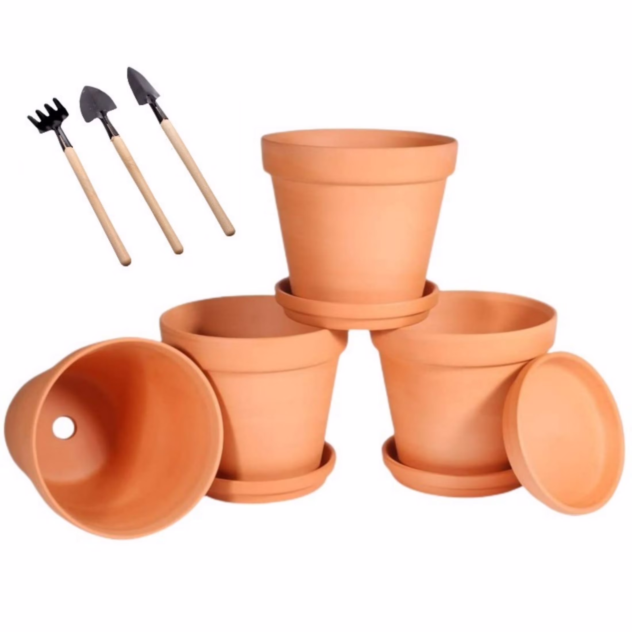 3 Inches Small Terracotta Pots with Saucer, 4 Pack 3" Clay Pots and Saucers with 3pcs Mini Flower Plant Pot Tools for Succulent Display, Indoor, Outdoor