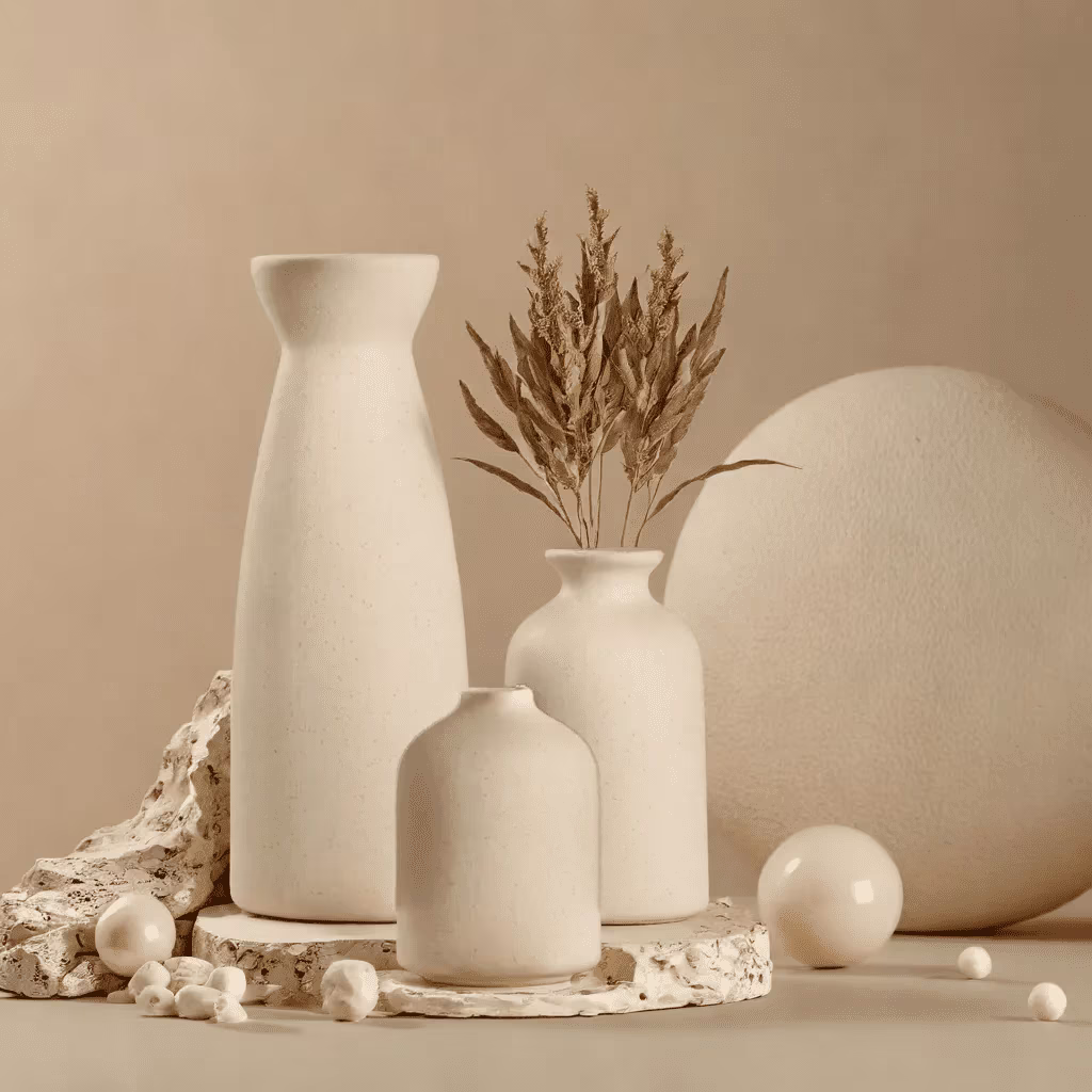 Set of 3 Beige Minimalist Ceramic Vases - Elegant Flower Vase - Perfect For Home Decor & Banquet Decor