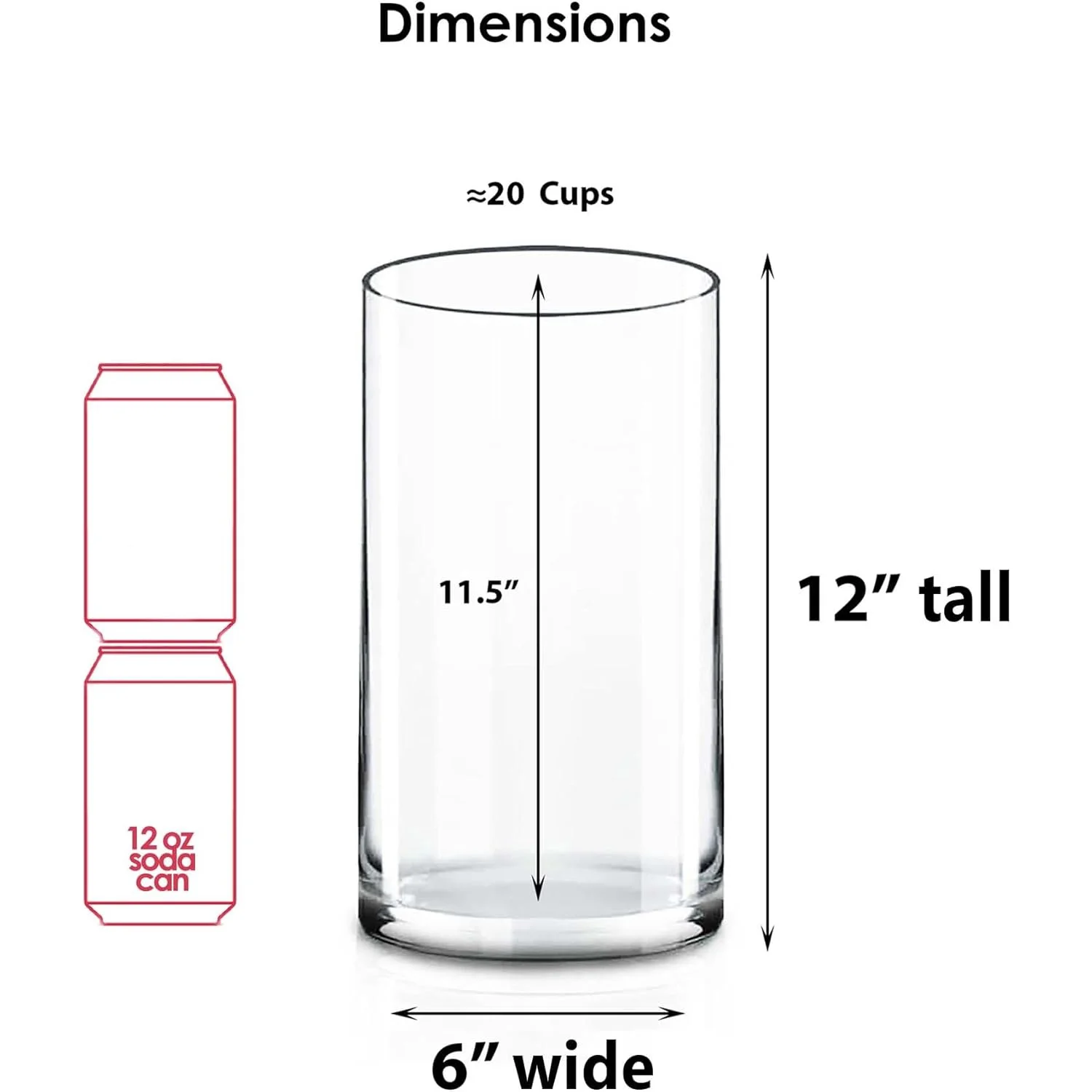(H:12" D:6") Large Cylinder Clear Glass Vase for Wide Bouquet Flower Vase Centerpieces Display Hurricane Floating Candle Holder
