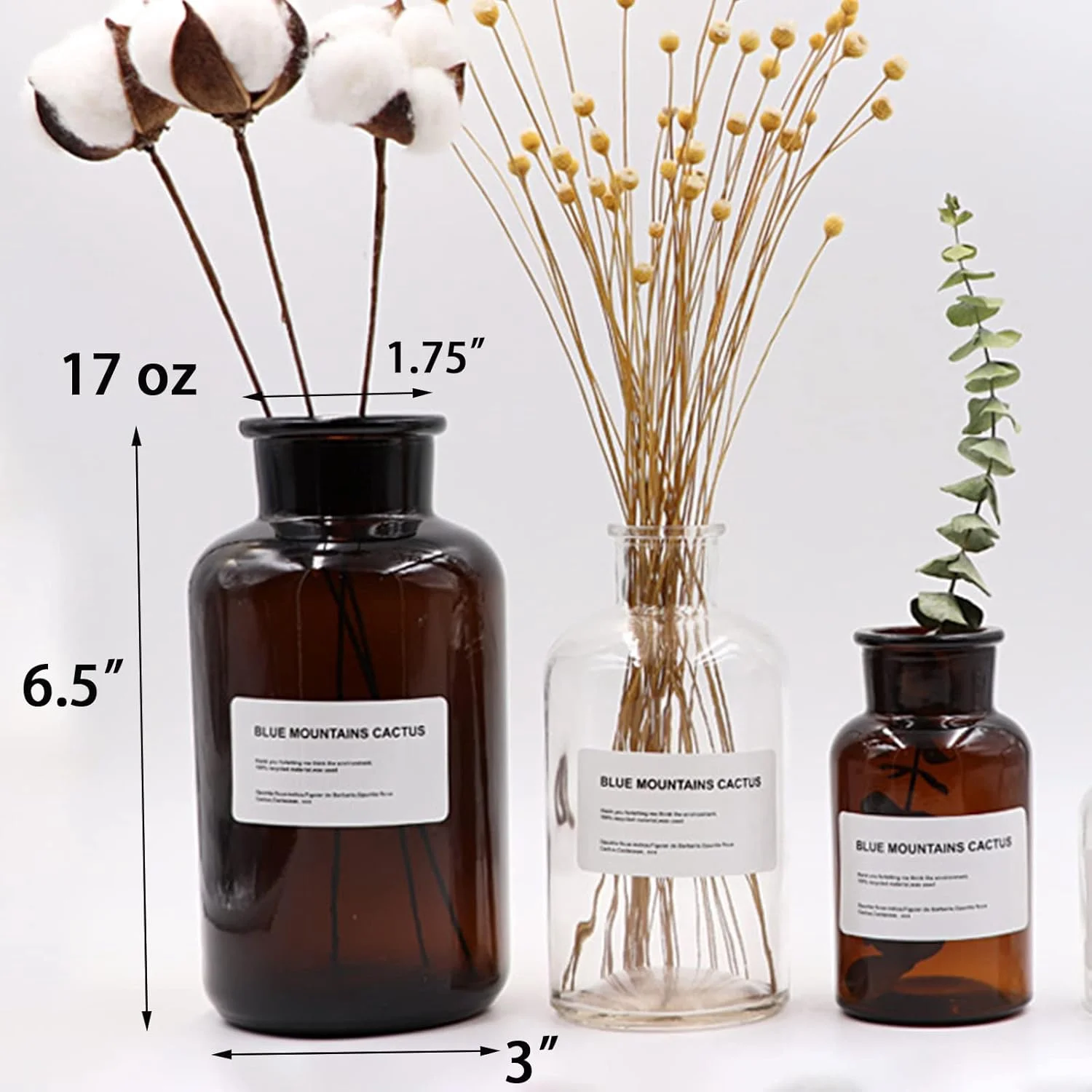 Set of 8 Amber Glass Vase, 17oz Boho Flower Vase Bud Vases Decorative Brown Medicine Glass Bottles Vintage Small Apothecary Jars for Home Décor, Dining Table, Wedding Centerpiece, Bridal Shower