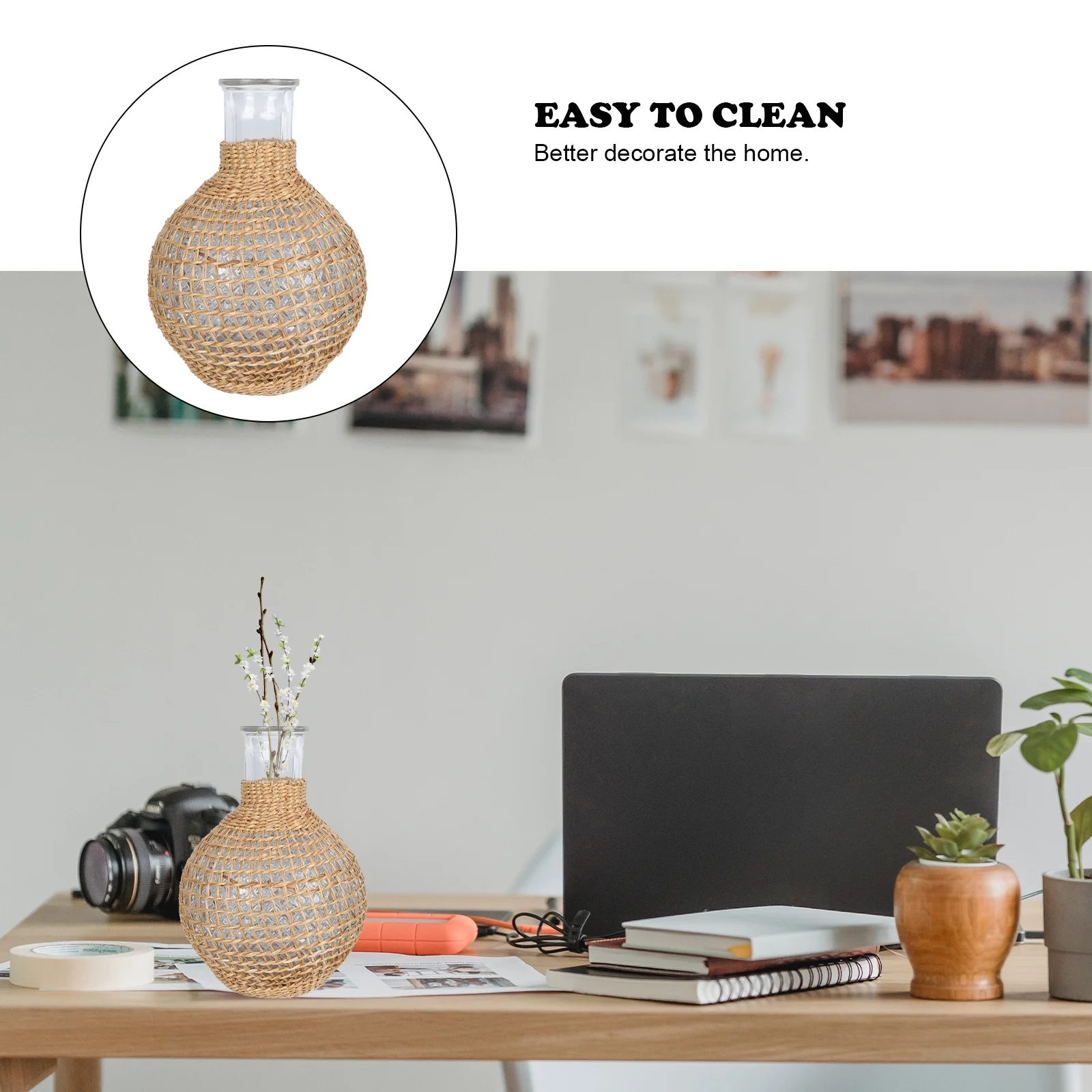 Rattan Glass Vase Clear Gold Terrarium Jar Vases Decoration Brown