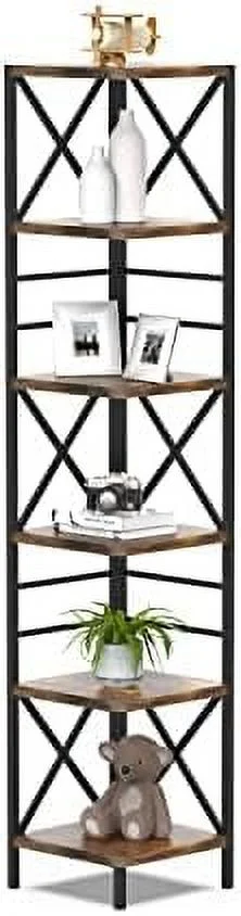 HOOMHIBIU Corner Bookshelf  6  Bookcase  Farmhouse Book Shelves  Mid Century Vintage L Shaped Bookshelf  Rustic Brown