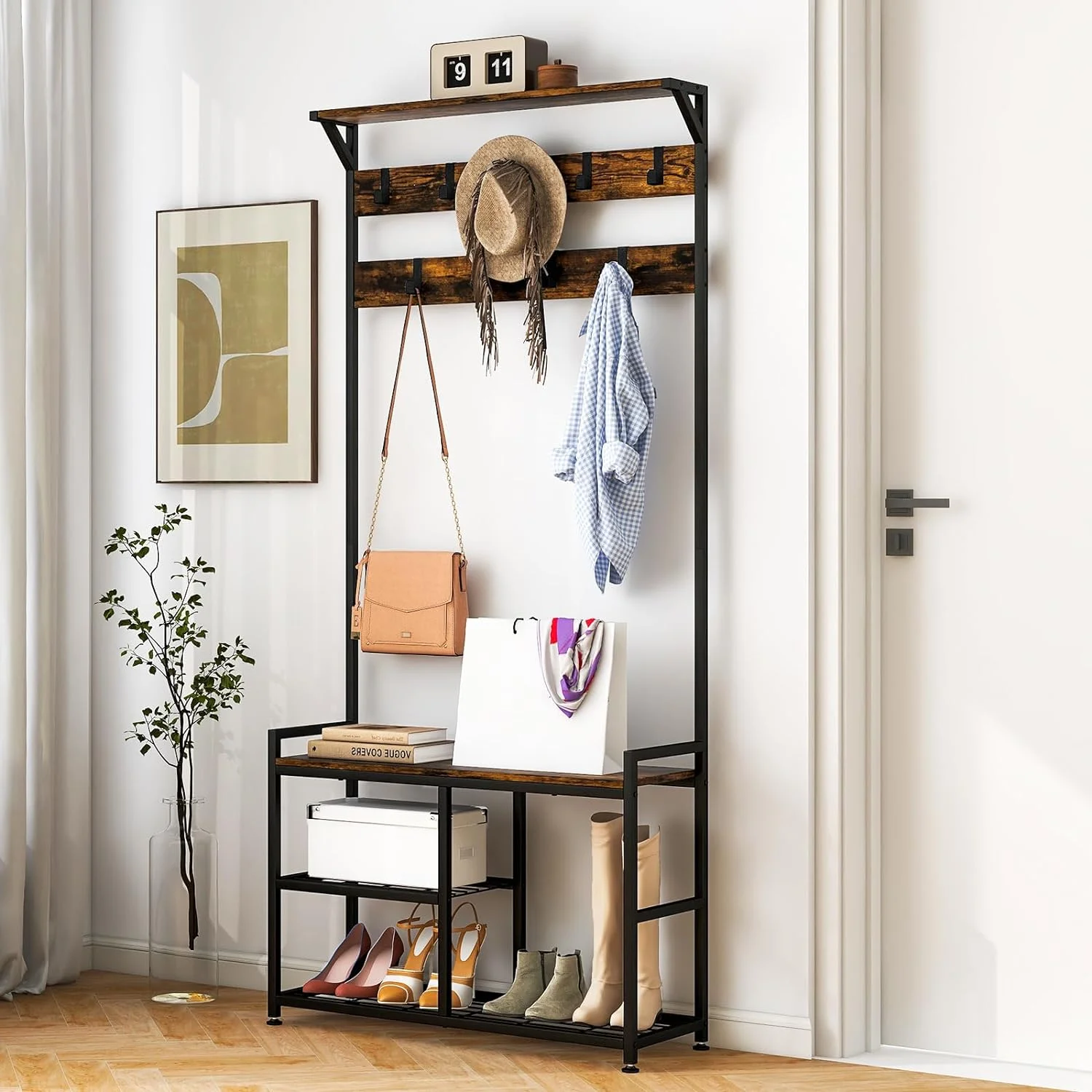 HOOMHIBIU Coat Rack Shoe Bench  3-In-1 Industrial Hall Tree w/ Bench & 9 Hanging Hooks  3-Tier Wood Look Entryway Bench w/Metal Frame  Adjustable Foot Pads for Dorm  Apartment  Hall