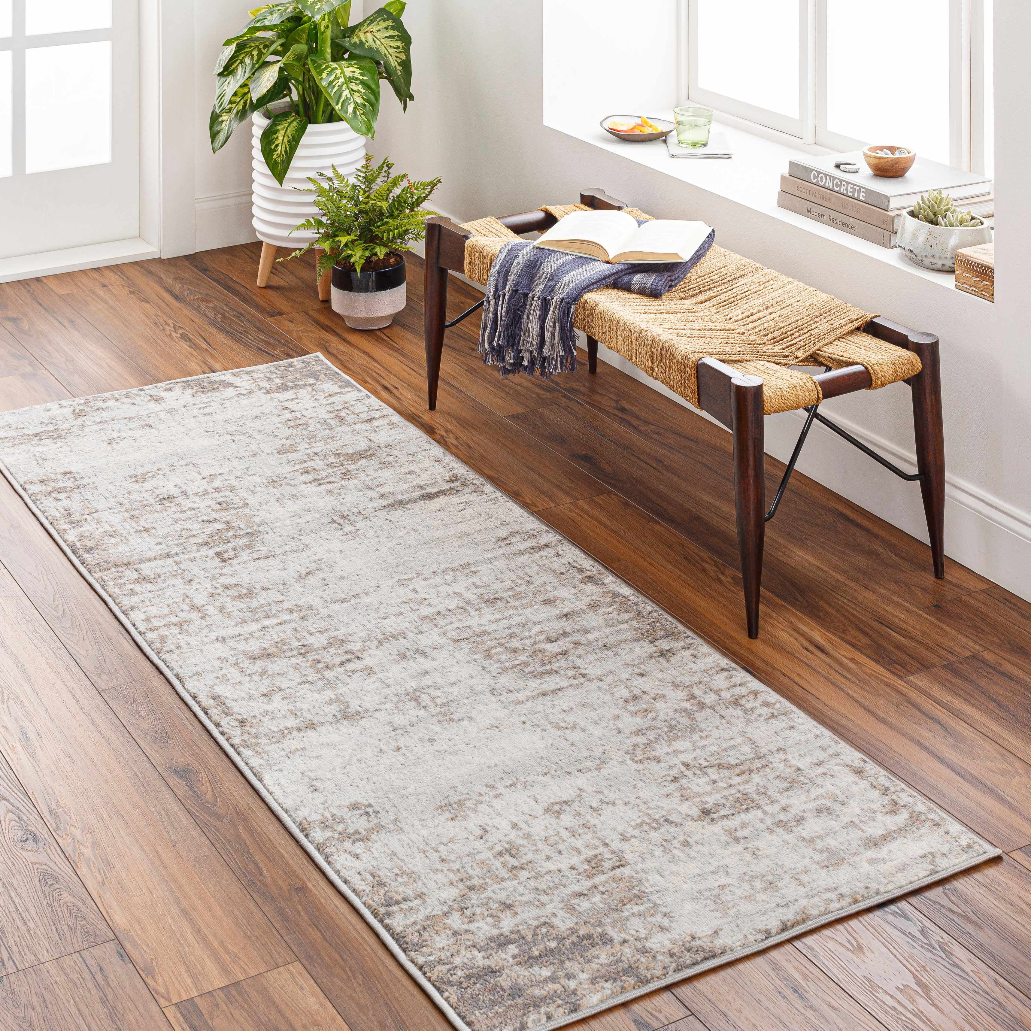 Hauteloom Gerona Neutral Abstract Living Room Bedroom Dining Room Runner Rug - Modern Distressed Bohemian Carpet - Beige, Cream, Brown, Gray - 2'7