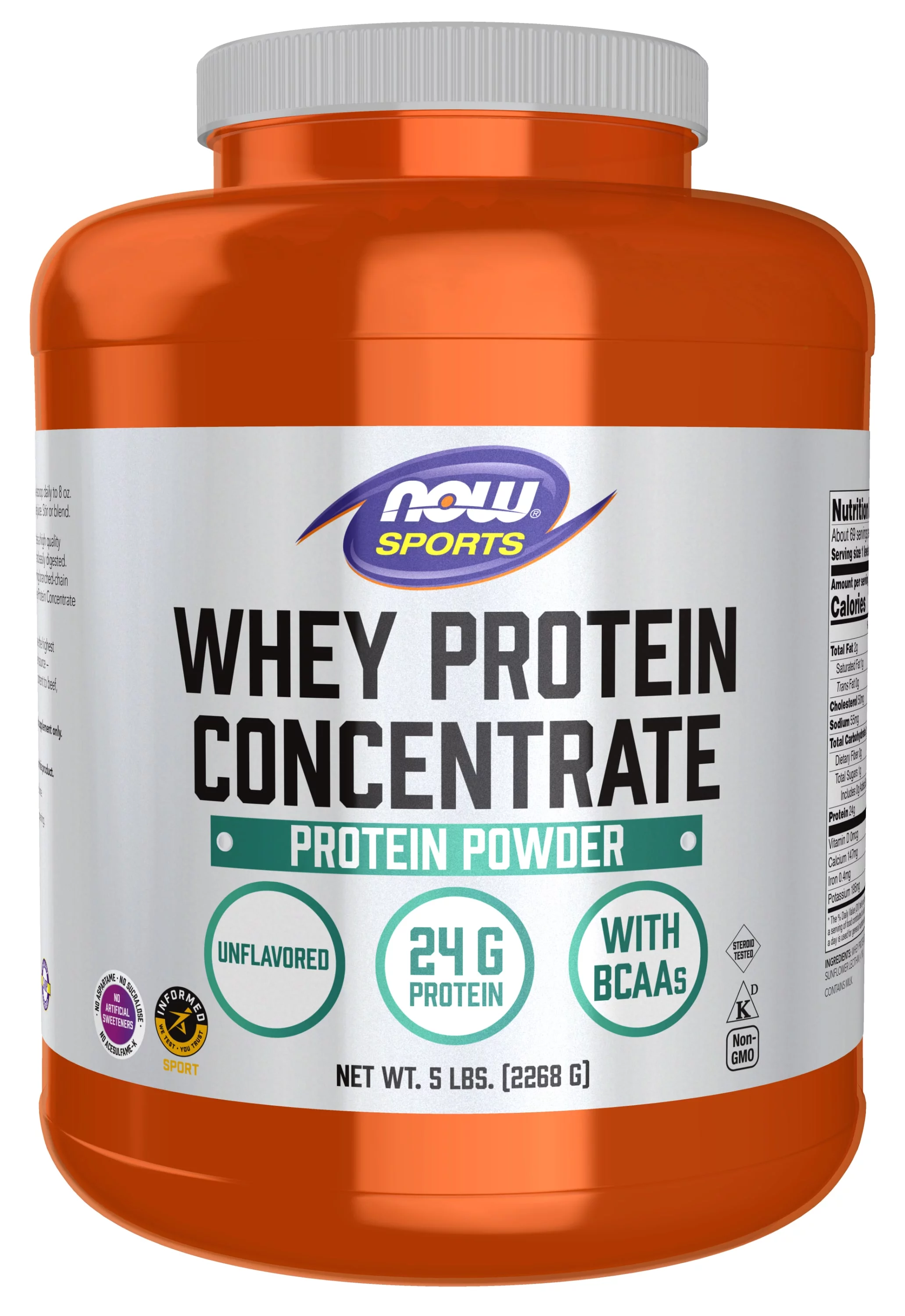 NOW Sports Nutrition, Whey Protein Concentrate, 24 G with BCAAs, Unflavored Powder, 5-Pound