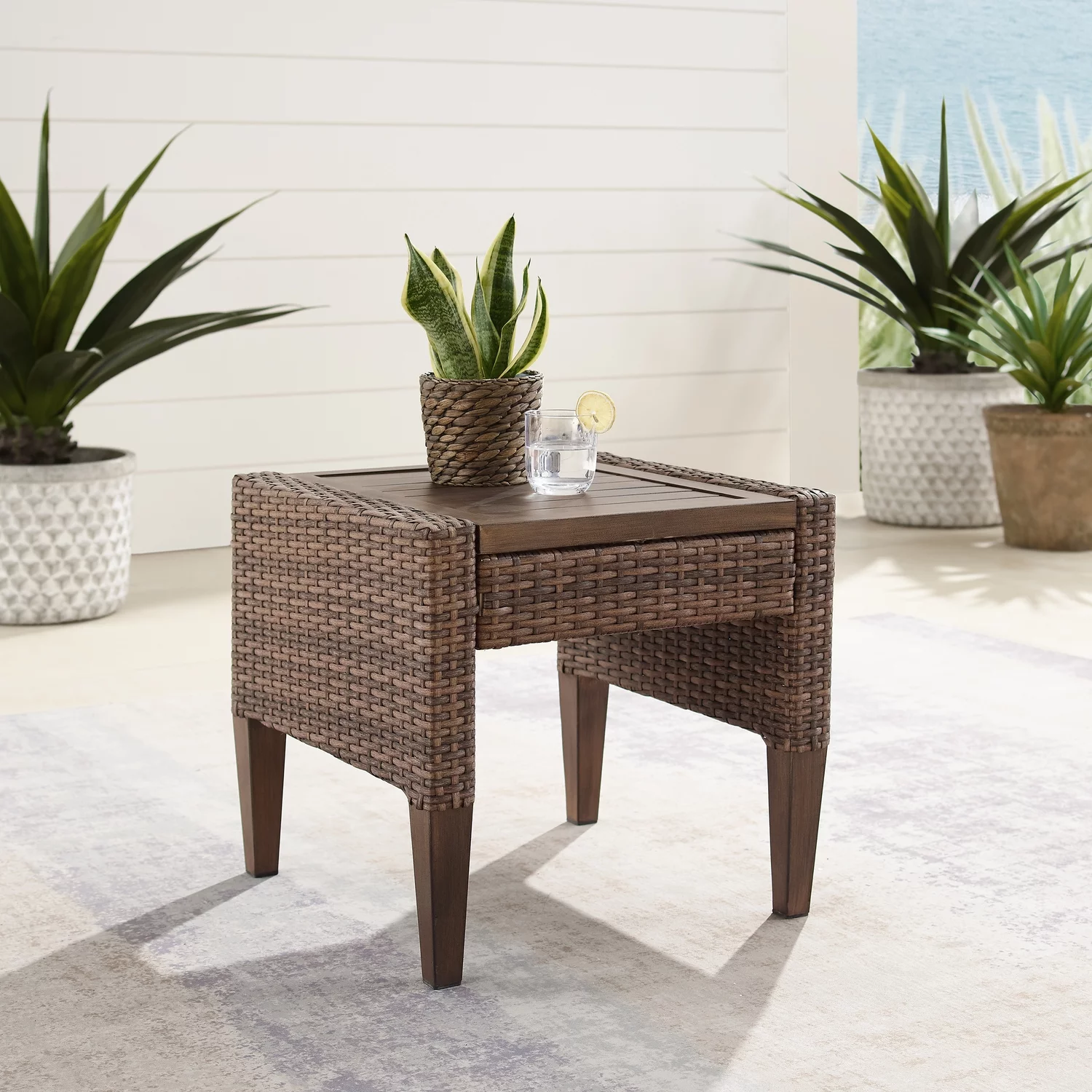 HomeStock Coastal Craftsman Outdoor Wicker Side Table Brown