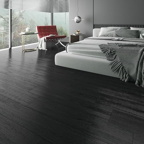 Livelynine Black Peel and Stick Floor Tile 18-Planks 6x36 Black Vinyl Flooring Planks Self Adhesive Kitchen Floor Tiles Waterproof Sticky Wood Laminate Flooring Luxury Vinyl Plank Flooring Bathroom