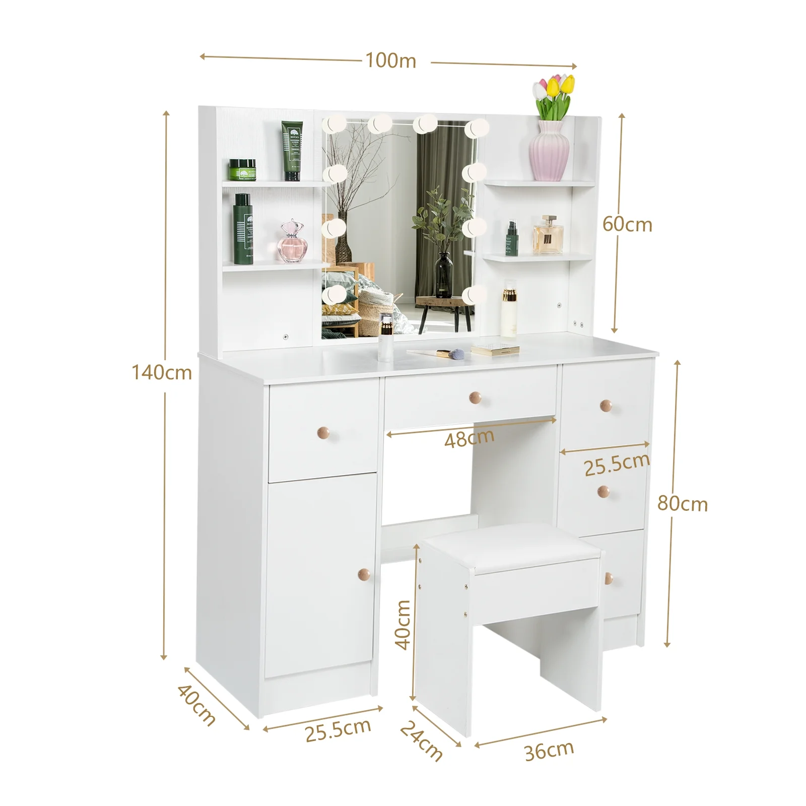 Yamissi Makeup Vanity with Cushioned Stool Vanity Set with Mirror and Lights for Bedroom Small Dresser, White