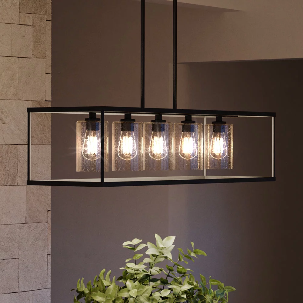 Luxury Modern Indoor Chandelier, 9.50''H x 38.00''W, with Minimalist Style Elements, Mid-Century Modern Design, Black Bronze Finish and Clear Seedy Glass, UQL3910