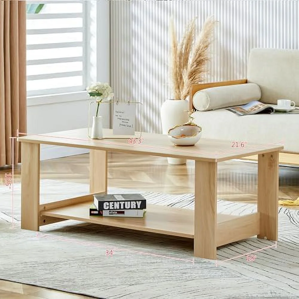 KHBIULIFE 43.3 inch Rectangular Coffee Table with MDF Tabletop  Double Layered Coffee Table with MDF Frame  Tea Table with Enough  Space for Living Room Dining Room Bedroom (Natural Wood)