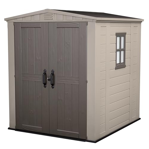 Keter Factor (8x6 ft) Large Resin Outdoor Storage Shed for Patio Furniture, Lawn Mower, Garden Accessories Yard Tools, and Pool Toys, Taupe