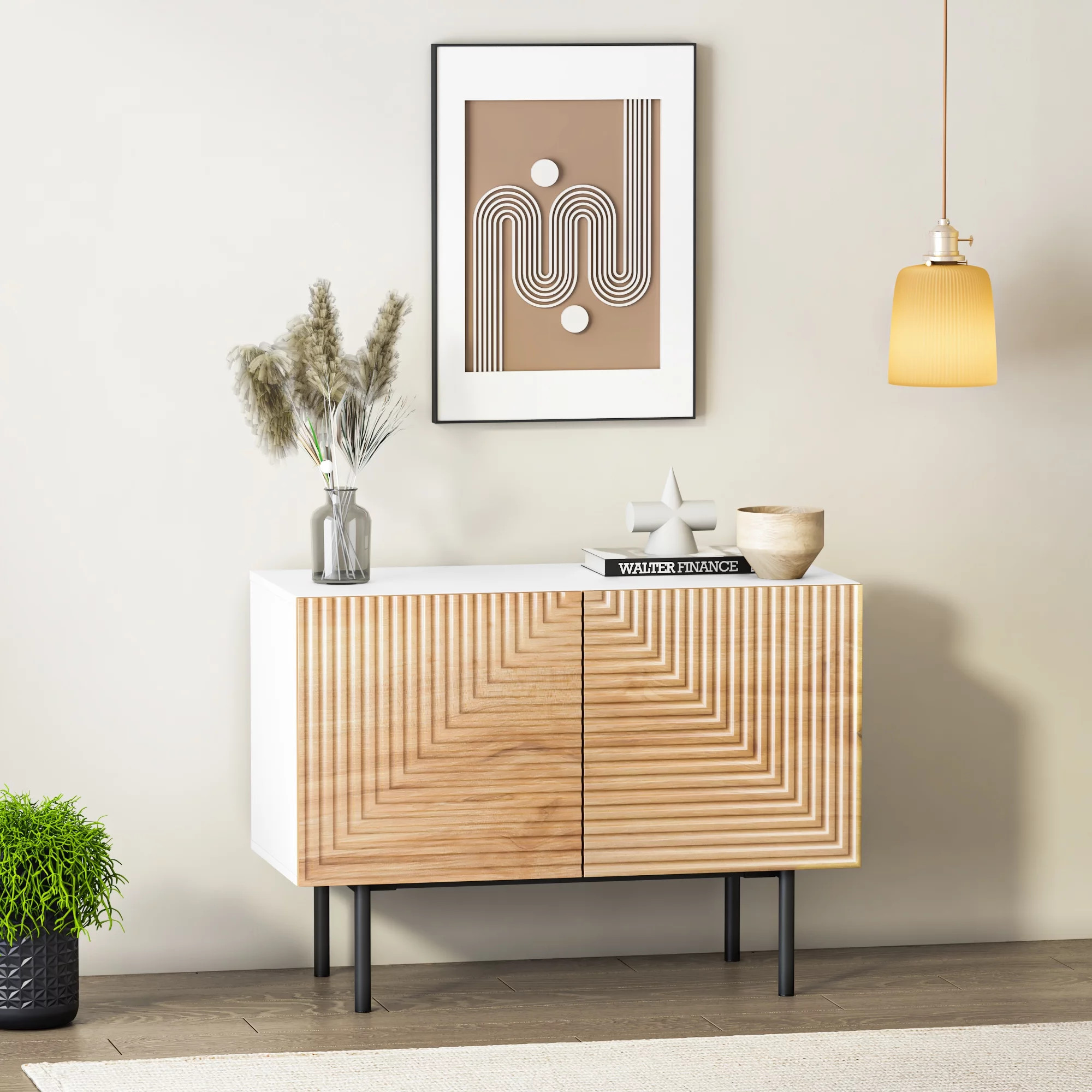 Roomfitters Mid Century Sideboard Buffet Cabinet, Boho Accent Cabinet with Doors, Poplar Wood Print Carved and Geometric Design, Storage Cabinet for Living Room, Office, Bedroom, Entryway
