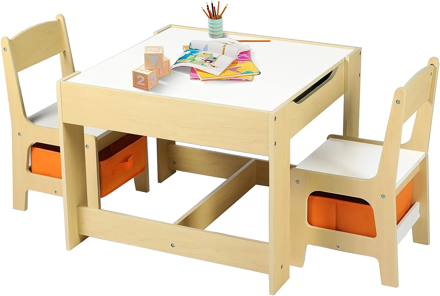AILEEKISS 3 in 1 Kids Wood Table & 2 Chairs Set Children Activity Table w/Storage, Natural
