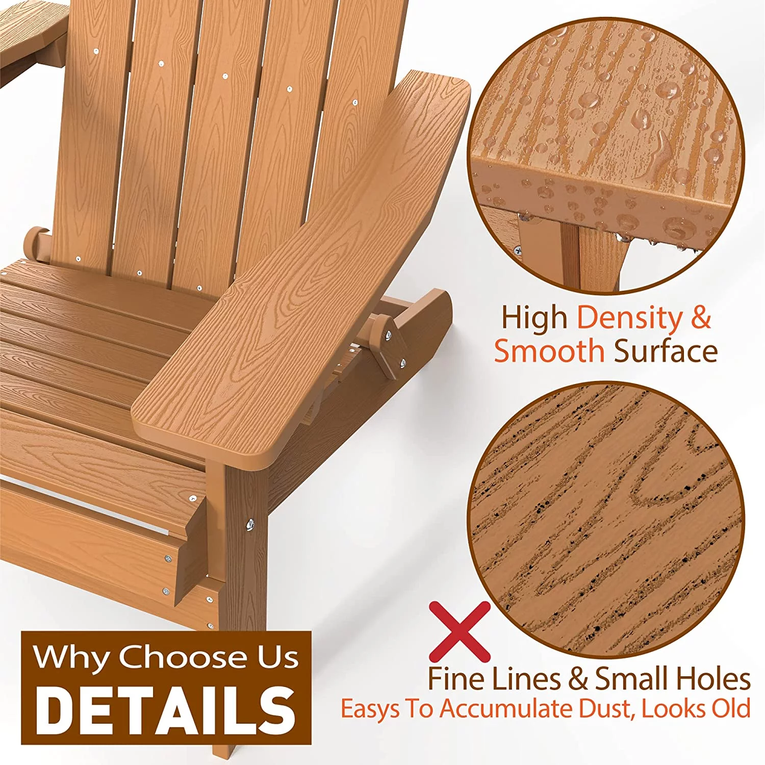 Folding Adirondack Chair Plastic Weather Resistant, Outdoor Chair, Patio Chairs, Lawn Chair, Outside Funiture for Porch, Garden, Deck, Fire Pit, Patio Seating (1, Teak)