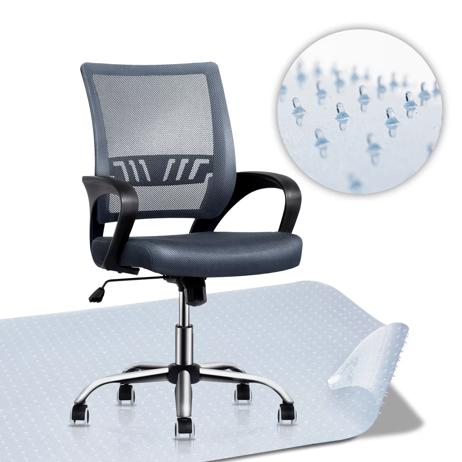 MoNiBloom Mesh Office Chair + Protective Carpet Mat, Mid Back Ergonomic Swivel Seat with Lumbar Support, Grey