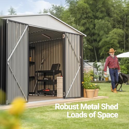 Polar Aurora 10x14 Outdoor Storage Shed, Garden Shed with Updated Frame Structure and Lockable Doors, Metal Tool Sheds for Backyard Garden Patio Lawn, White