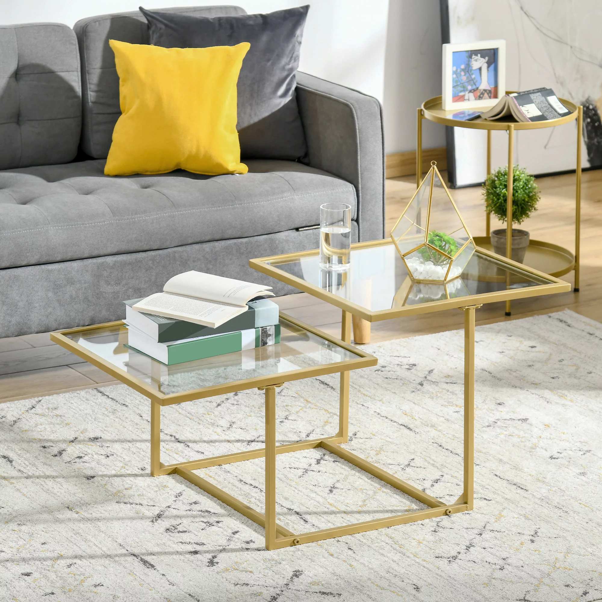 HOMCOM Coffee Table, Tempered Glass Coffee Table with 2 Square Tabletops, Modern Coffee Tables for Living Room, Bedroom, Gold