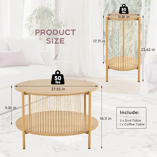 Brafab Natural Fiber Rope Coffee Table Set of 3 for Living Room, Round Wooden Rattan Coffee Table and Two End Tables, Boho 2 Tier Modern Side Table with Metal Frame for Apartment Office (Natural)