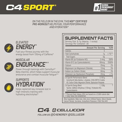 Cellucor C4 Sport Pre Workout Powder Watermelon - Pre Workout Energy with Creatine + 135mg Caffeine and Beta-Alanine Performance Blend - NSF Certified for Sport 30 Servings