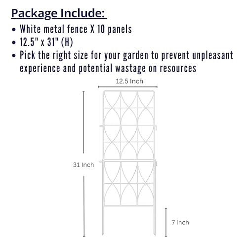 ShopLaLa Decorative Garden Fence (10 Panels) 12.5in(L) x 31in(H) Animal Barrier Fencing Rustproof White Metal Wire Flower Edging for Landscape, Tall Large No Dig Fences Back Yard Pet Porch Gate D-F30D