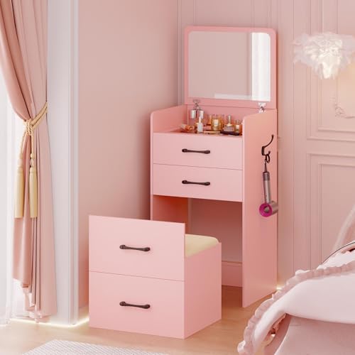Gurexl 3 in 1 Vanity Desk with Flip Top Mirror,Small Make Up Vanity Set with Visible Glass Desktop,Compact Makeup Vanity with 3 Drawers,Cushioned Stool,Dressing Table for Bedroom