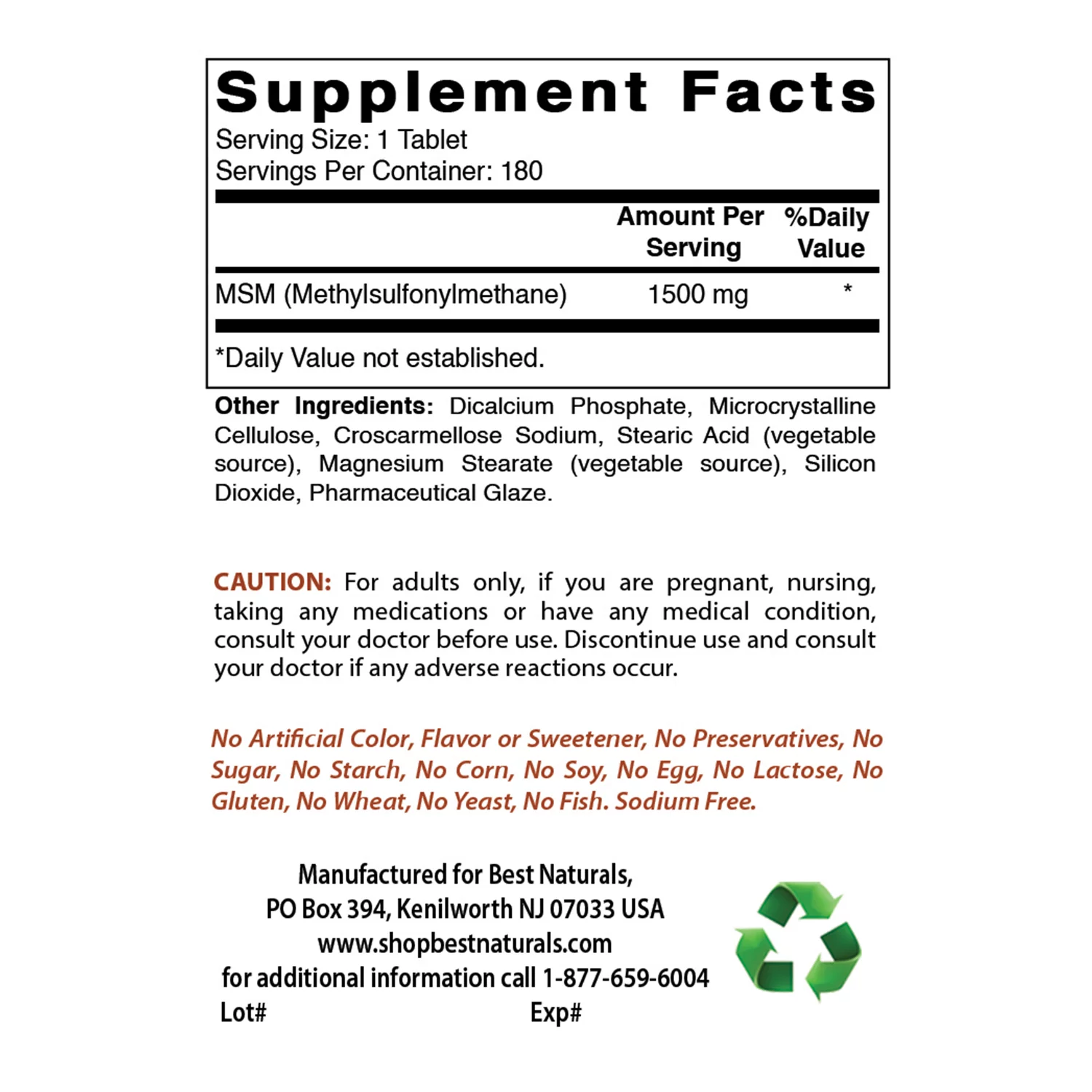 3 Pack Best Naturals MSM 1500 mg 180 Tablets