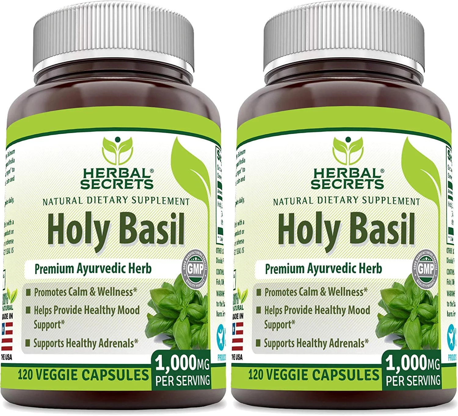 Herbal Secrets Holy Basil 1000 Mg Per Serving 120 Capsules (Non-GMO) - Pack of 2