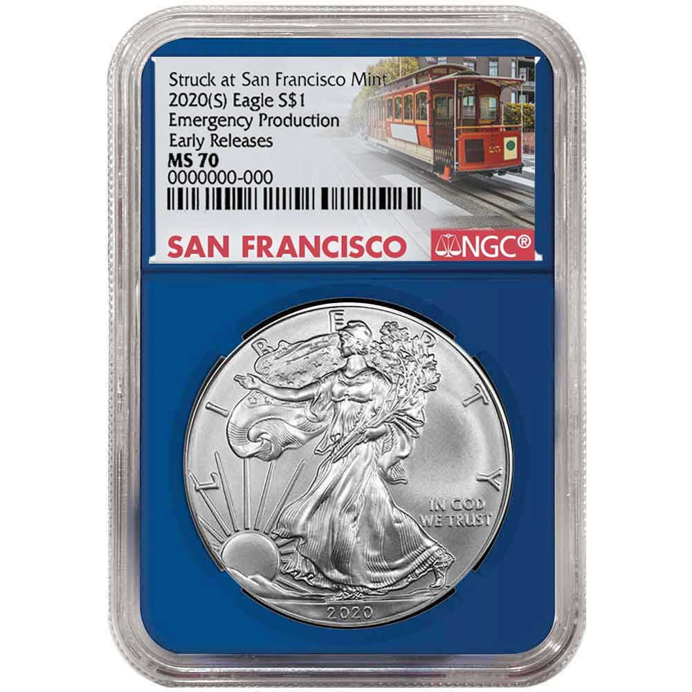 2020 (S) $1 American Silver Eagle NGC MS70 Emergency Production ER Trolley Label Blue Core